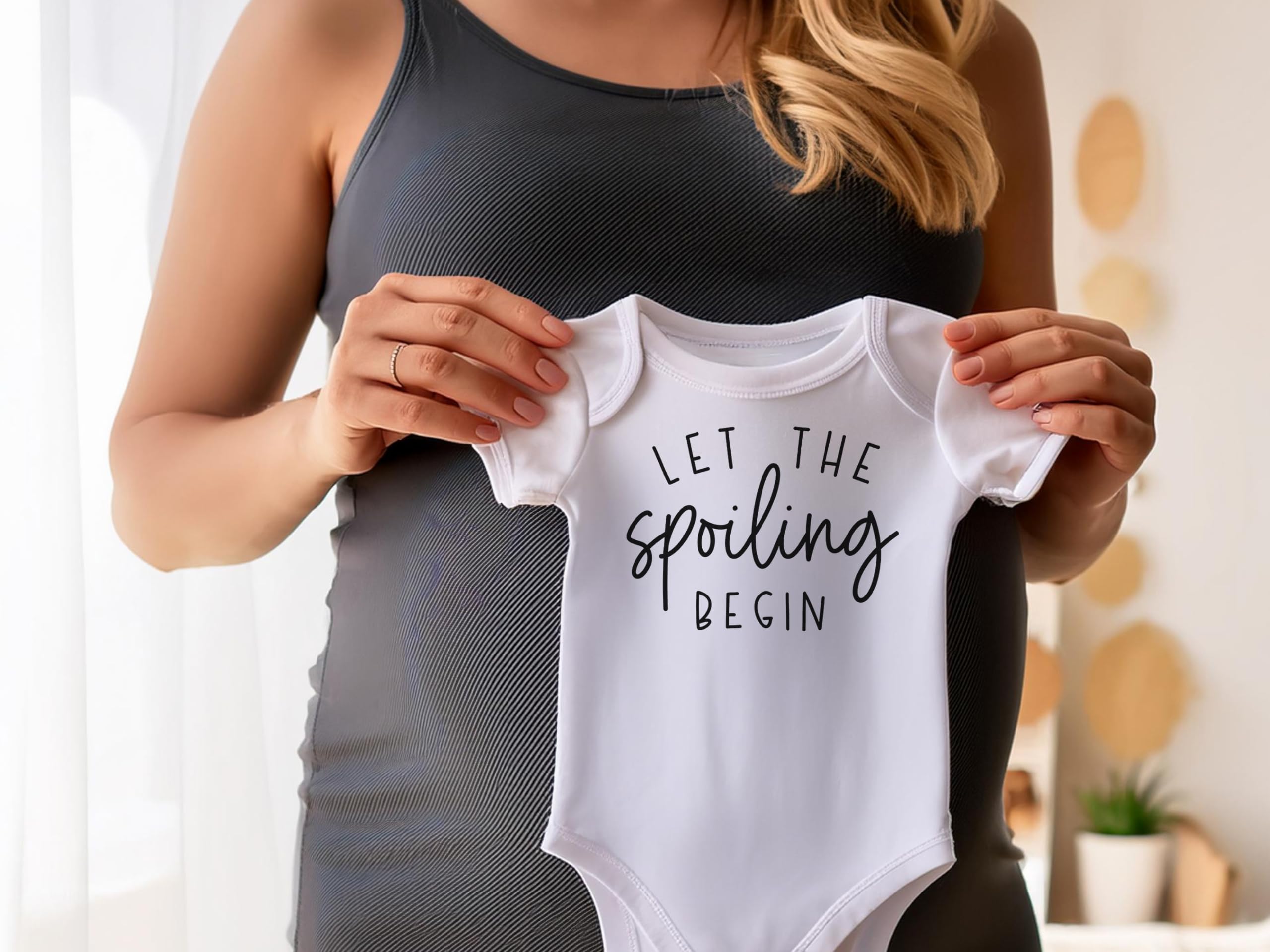 Let The Spoiling Begin Pregnancy Announcement Baby Bodysuit - Cute Infant Onesie for Grandparents, Aunts & Uncles - Soft White Newborn Outfit - Perfect Gender Reveal & Baby Shower Gift