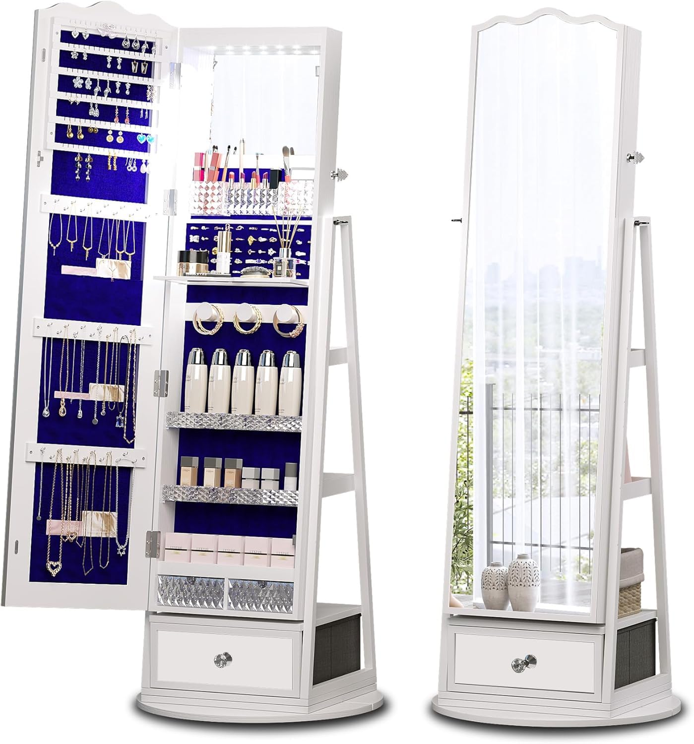 Full-Length Standing Mirror Jewelry Cabinet with LED Lights, Ample Storage & Rotating Shelf - White | Perfect for Bedroom, Dressing Room & Closet Organization