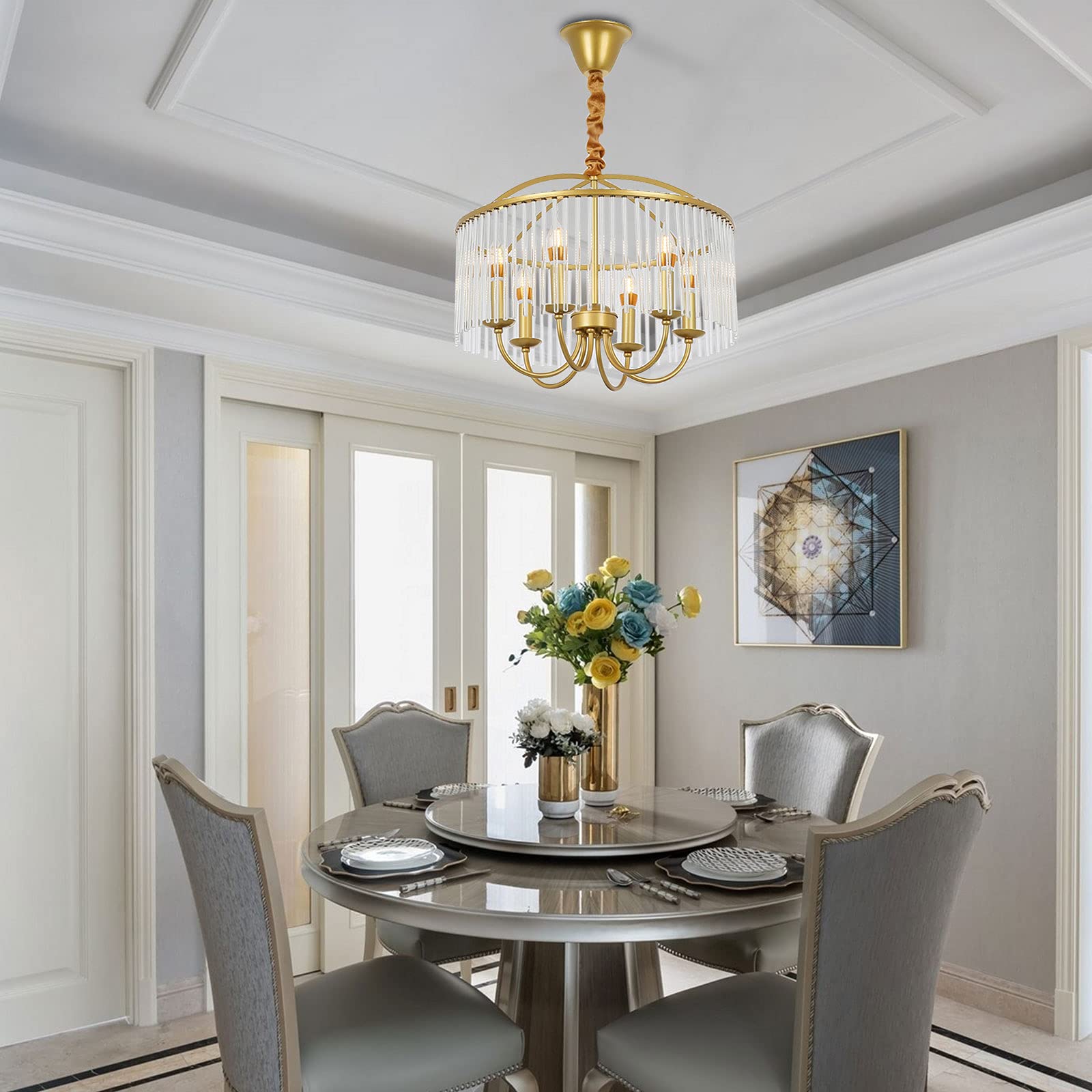 TFCFL 6-Light Modern Crystal Chandelier - Gold Plated Champagne Farmhouse Ceiling Pendant Light, Mid Century Hanging Fixture for Dining Room, Living Room & Foyer (120V)