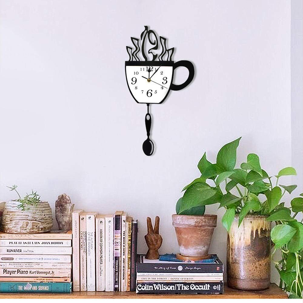 Modern Coffee Cup Wall Clock with Spoon Pendulum - Perfect Gift for Coffee Lovers & Kitchen Decor