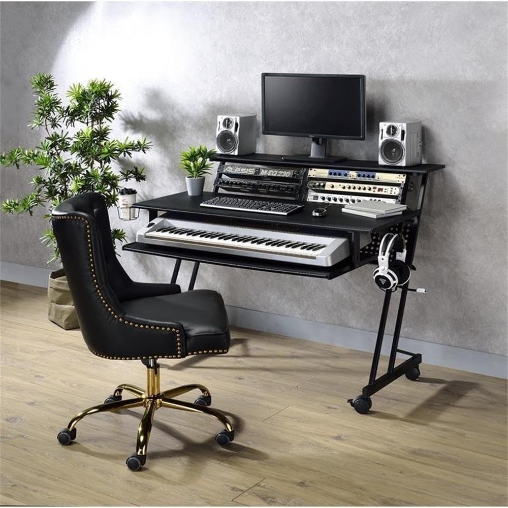 Pemberly Row Black 1-Shelf Music Recording Studio Desk with Keyboard Tray, 4 Caster Wheels & Cup Holder - 47