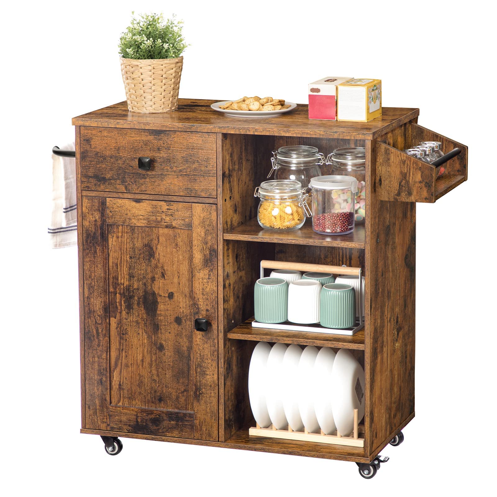 HOOBRO Rustic Brown Kitchen Island with Storage Cabinet, Drawers, Spice & Towel Rack - Space Saving Kitchen Cart for Small Spaces, Easy Assembly - Perfect for Kitchen Organization & Living Room Decor