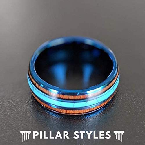 Blue Koa Wood & Tungsten Wedding Band with Turquoise Inlay - 8mm Comfort Fit Men's Ring - Anniversary Gift for Him - Perfect for Weddings, Engagements & Special Occasions