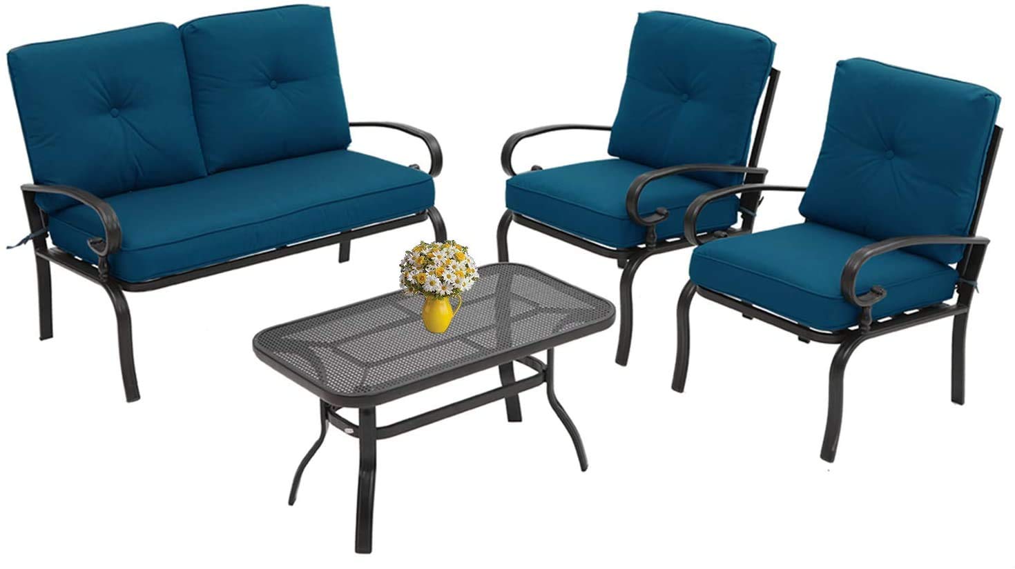 SOLAURA 4-Piece Outdoor Patio Furniture Set with Cushions - Waterproof Wicker Rattan Sofa Set for Garden, Deck, Poolside, Porch & Backyard - Peacock Blue Patio Seating for Relaxing & Entertaining