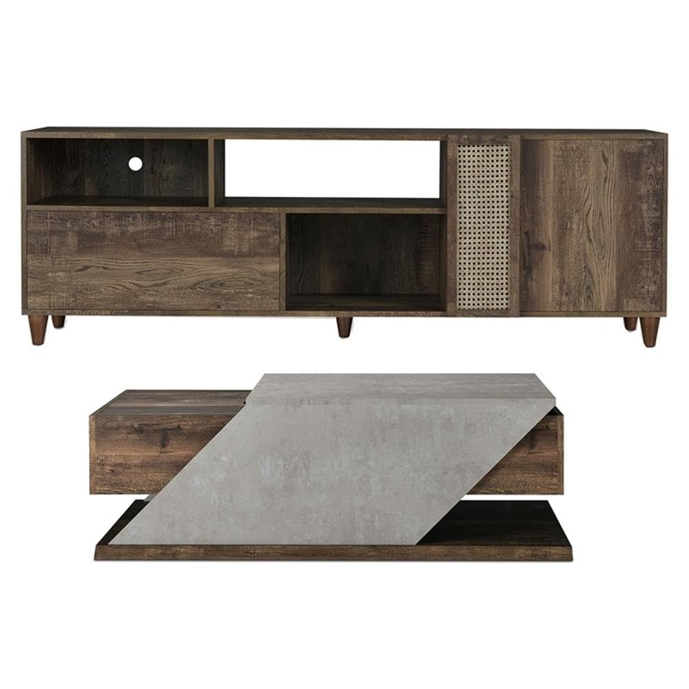 Menster 2-Piece Solid Oak Wood Coffee Table with Storage & 70-Inch Entertainment Center TV Stand Set - Perfect for Living Room, Home Theater & Modern Home Decor