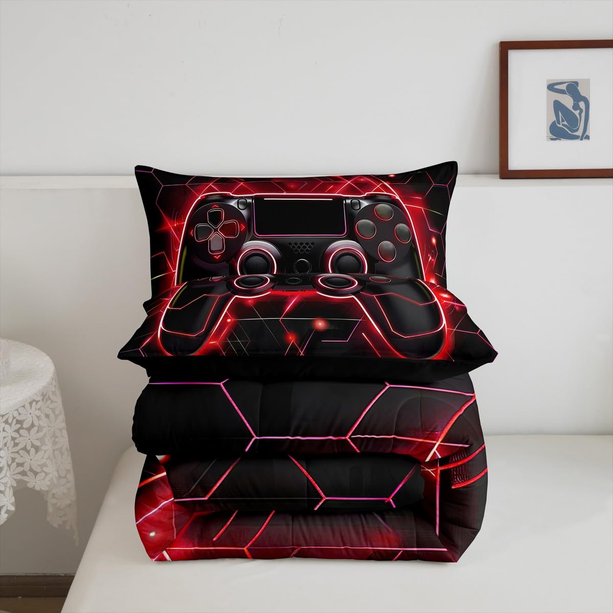 Erosebridal Honeycomb King Comforter Set - Neon Gaming Bedding for Boys Room Decor