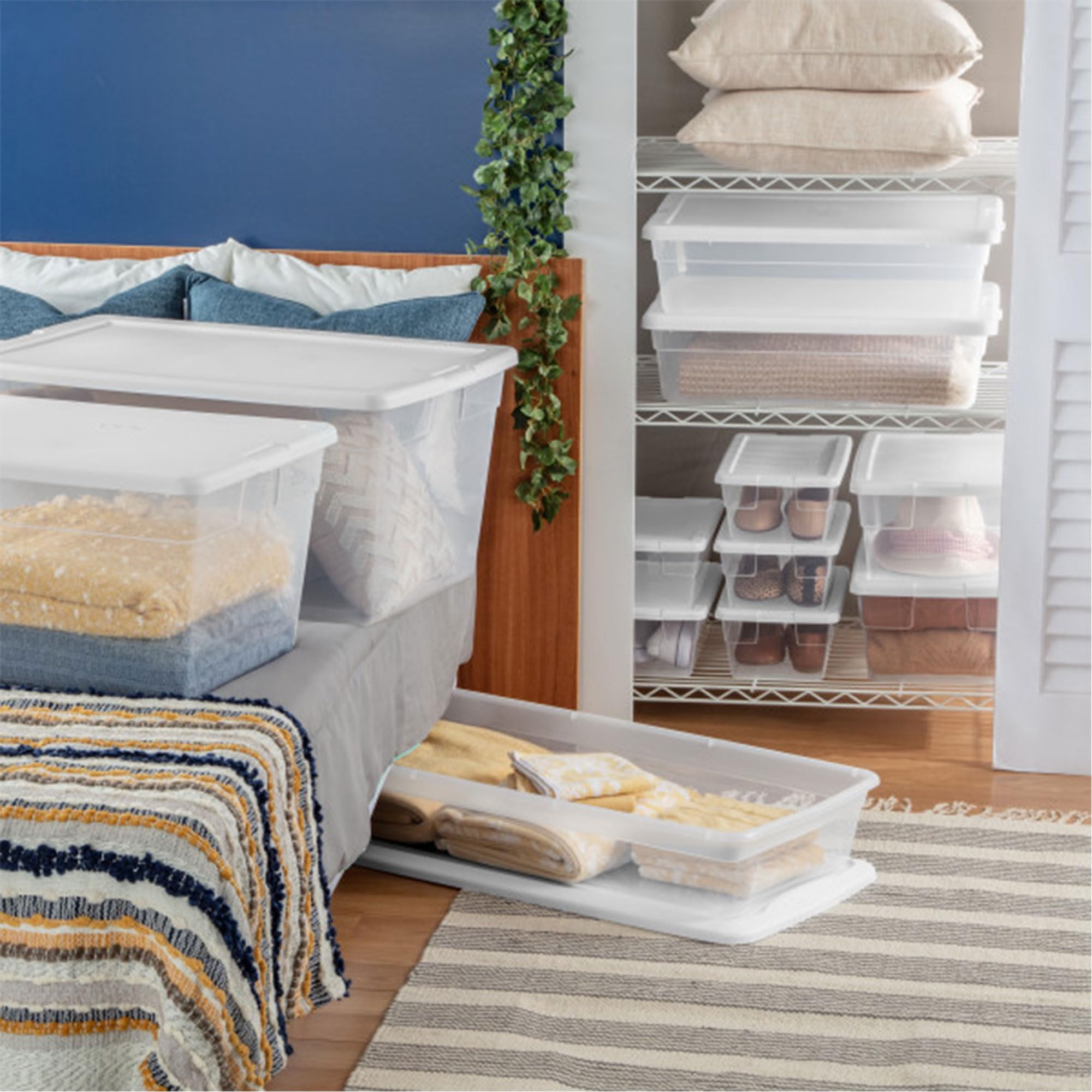 Sterilite 12-Pack Clear Plastic Under Bed Storage Boxes with Snap-On Lids - 41 Quart Stackable Bins for Clothes, Shoes & Seasonal Items - Perfect for Bedroom, Closet & Home Organization