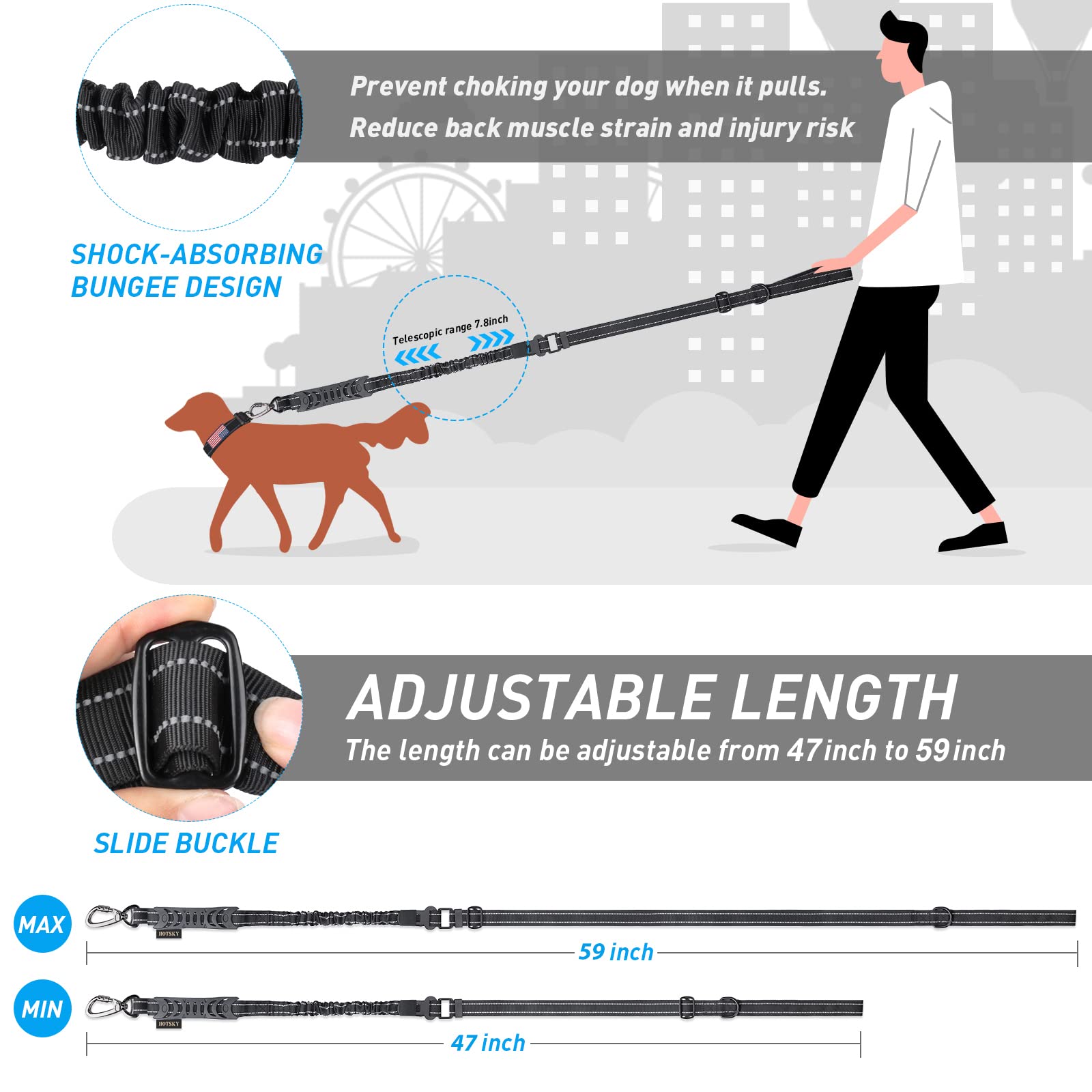 **Hotsky Heavy Duty Tactical Dog Leash for Medium & Large Dogs - 4-6Ft Bungee Shock Absorbing No-Pull Leash with Padded Double Handle & Car Seatbelt, Reflective Black - Perfect for Walking, Running, Hiking & Travel**