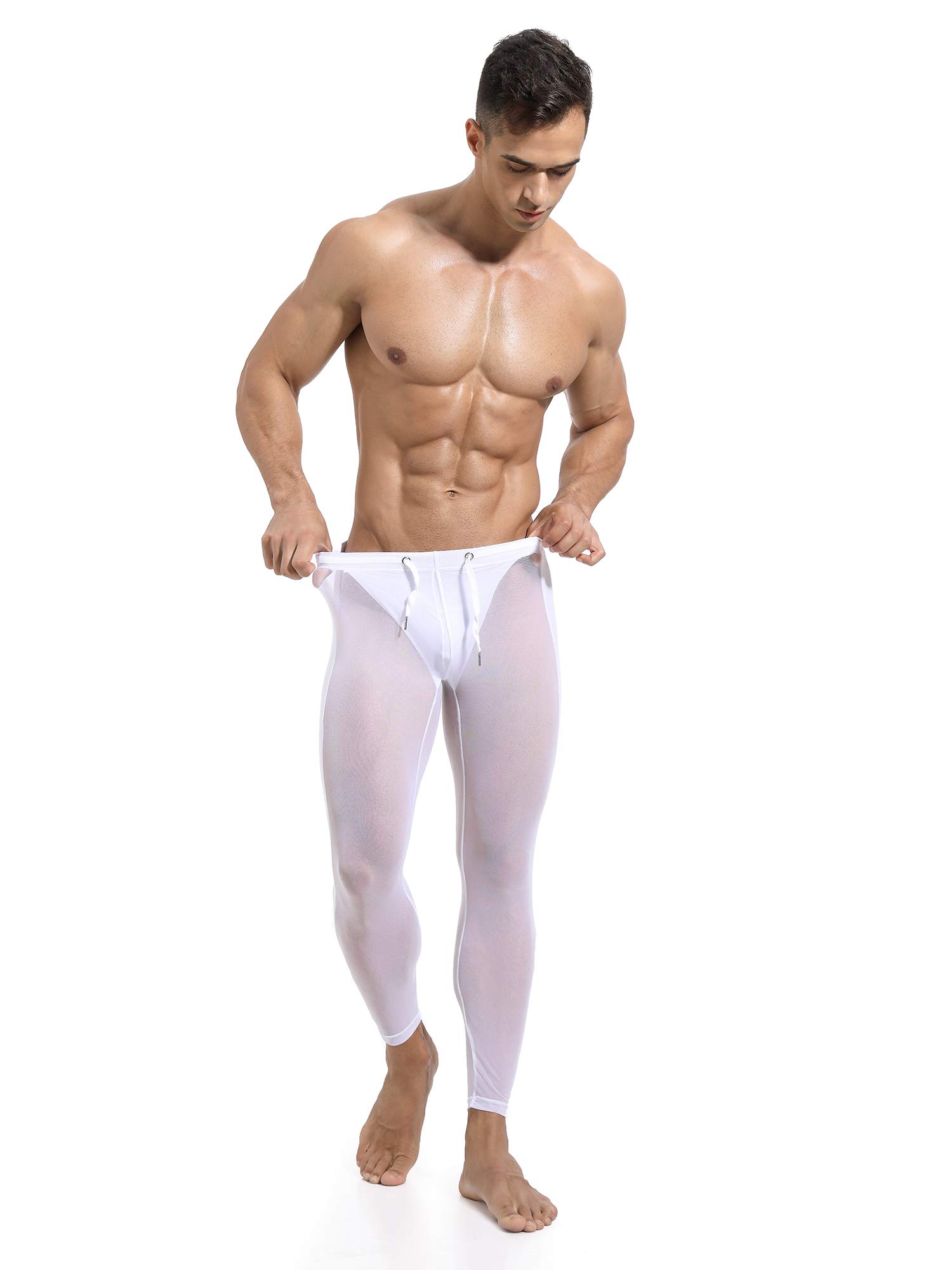 **Mufeng Men's Gym Running Leggings - Thermal Compression Pants with Drawstring & Side Patchwork - Breathable & See-Through Design for Workout, Jogging & Cold Weather Training**