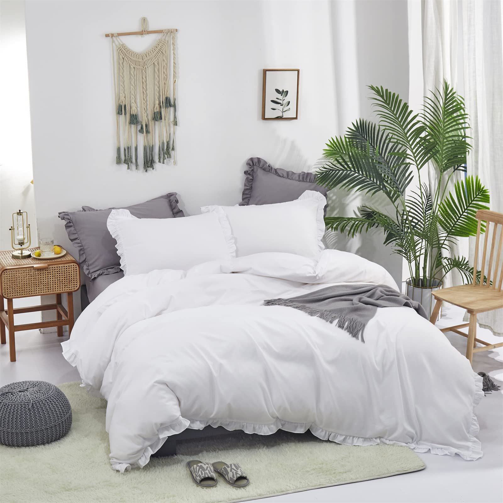 King Cotton Comforter Set - White Ruffled Boho Bedding for Farmhouse Style