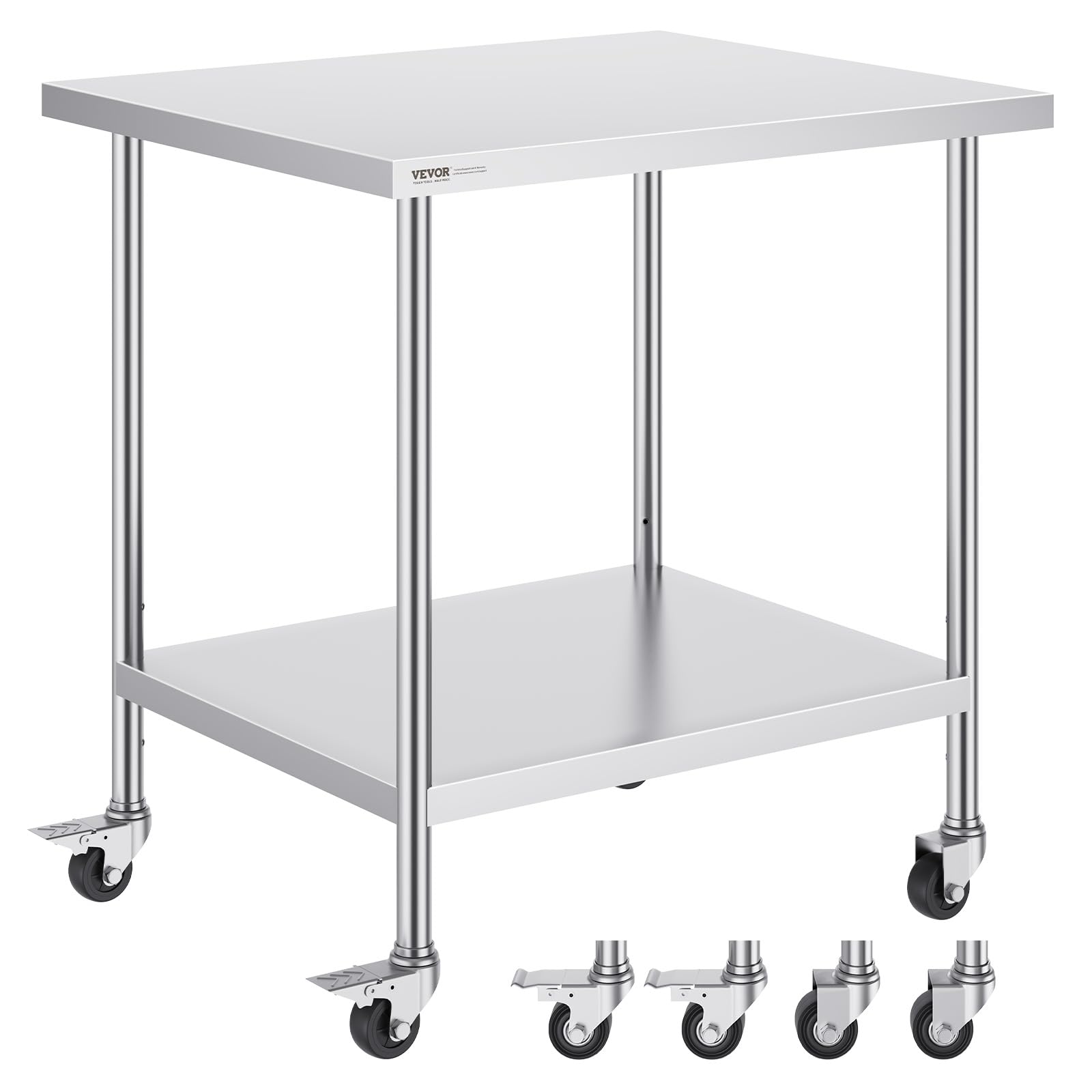 VEVOR 30 x 36 x 38 Inch Stainless Steel Work Table with 4 Wheels & 3 Adjustable Height Levels - Heavy Duty Commercial Kitchen Worktable for Restaurant, Bakery, Food Prep - Silver (Ideal for Food Processing, Catering & Butcher Shops)