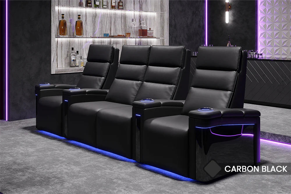 Valencia 2025 New Monza Genuine Leather Home Theater Seating with Carbon Fiber Panel - 3-Seater Row, Black | Perfect for Home Cinema, Gaming & Entertainment Rooms
