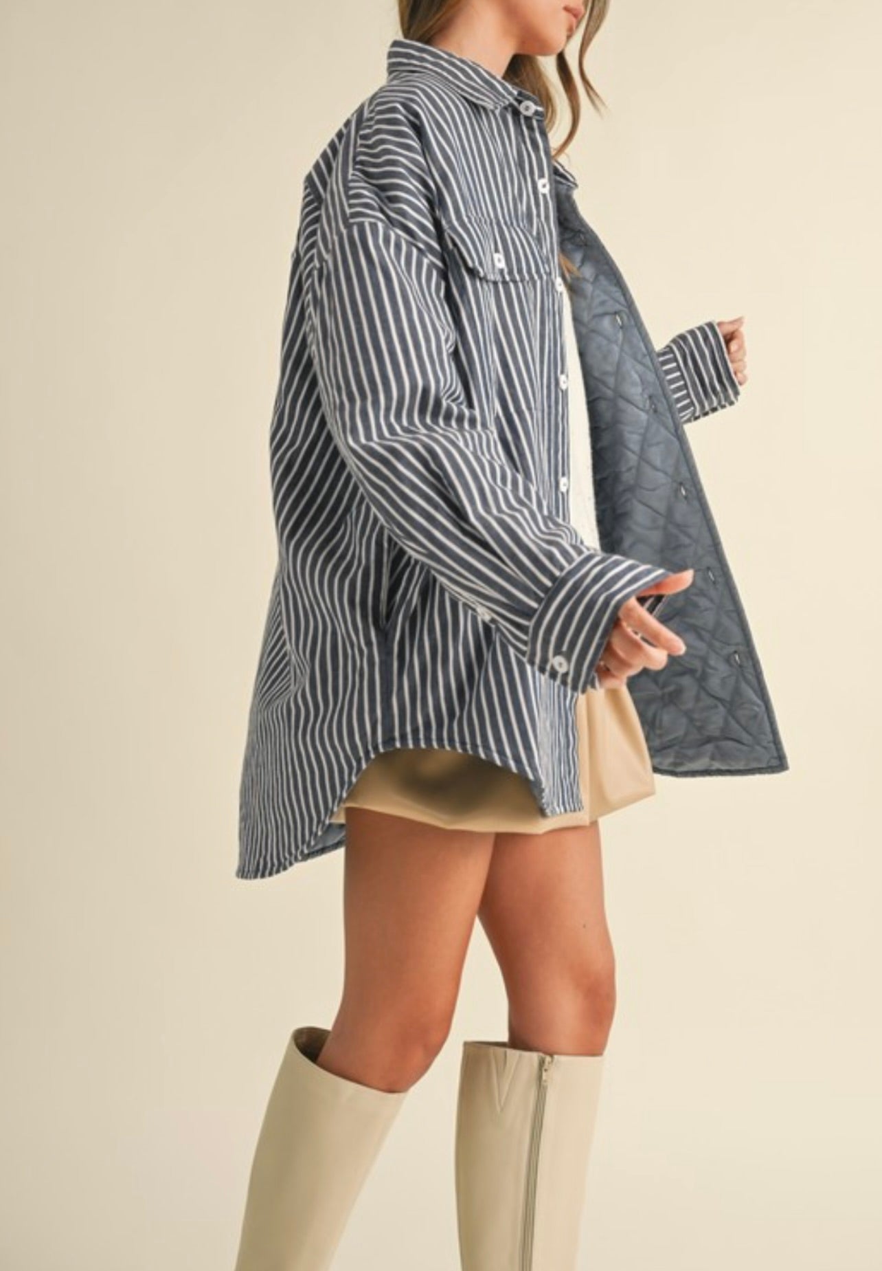 Blue Striped Padded Oversized Shacket for Women - Cozy Winter Layering & Casual Outfit Essential