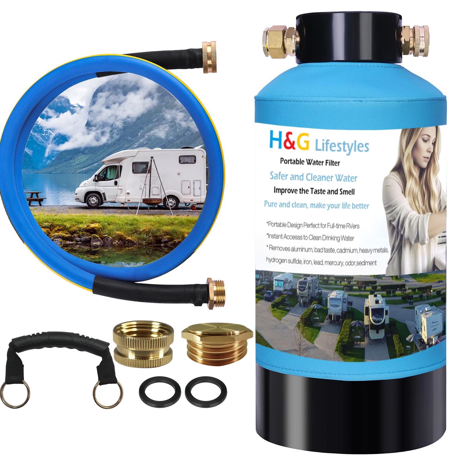 Portable RV Water Filter System with KDF Carbon - Reduces Bad Taste, Odor, Chlorine & Sediment - 3/4
