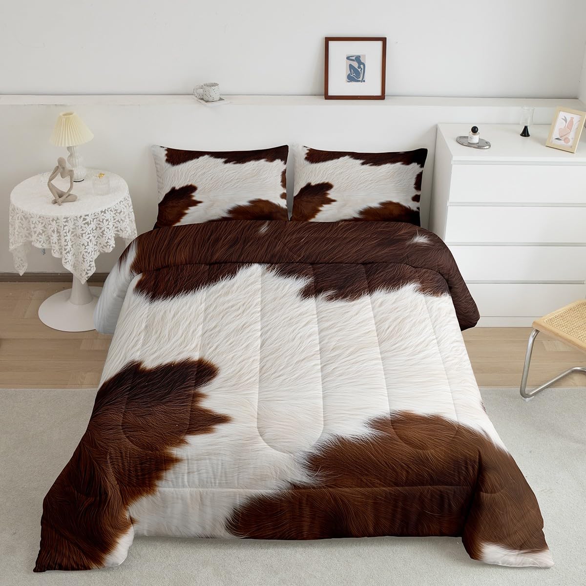 Western Farm Style Cow Print Comforter Set Full Size - Castle Fairy Rustic Animal Theme Bedding for Teens, Cowboy Cowgirl Bedroom Decor with 1 Comforter & 2 Pillowcases - Perfect for Farmhouse, Country or Western Themed Bedrooms