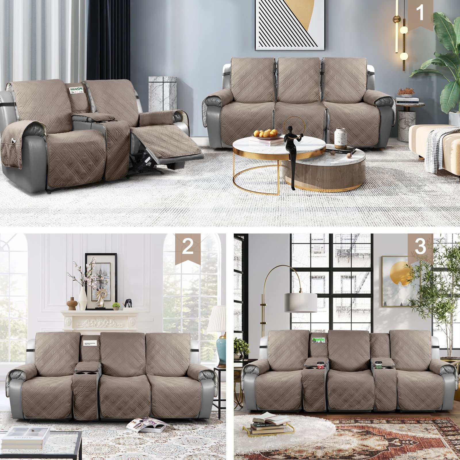 TAOCOCO 100% Waterproof Recliner Sofa Cover with Console - 3 Seater Stretchable Furniture Protector for Pets & Kids, Non-Slip Straps Design, Split Reclining Couch Cover (Taupe) - Perfect for Living Room, Home Theater & Family Gatherings