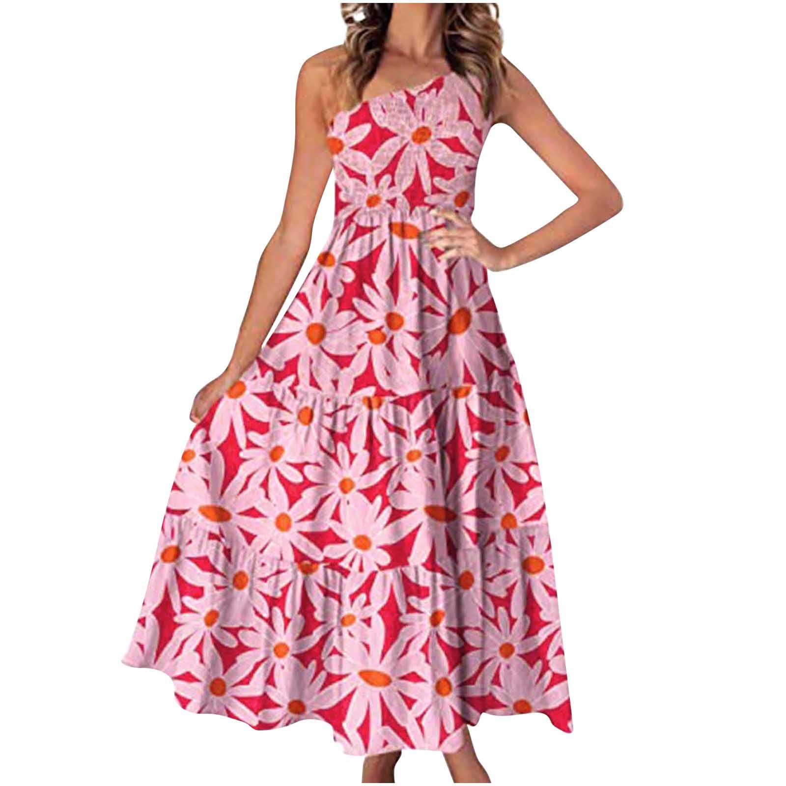 Boho Summer Maxi Dress for Women - Casual Sleeveless One Shoulder Smocked Tiered Long Beach Dress | Perfect for Vacations, Beach Parties & Summer Outings