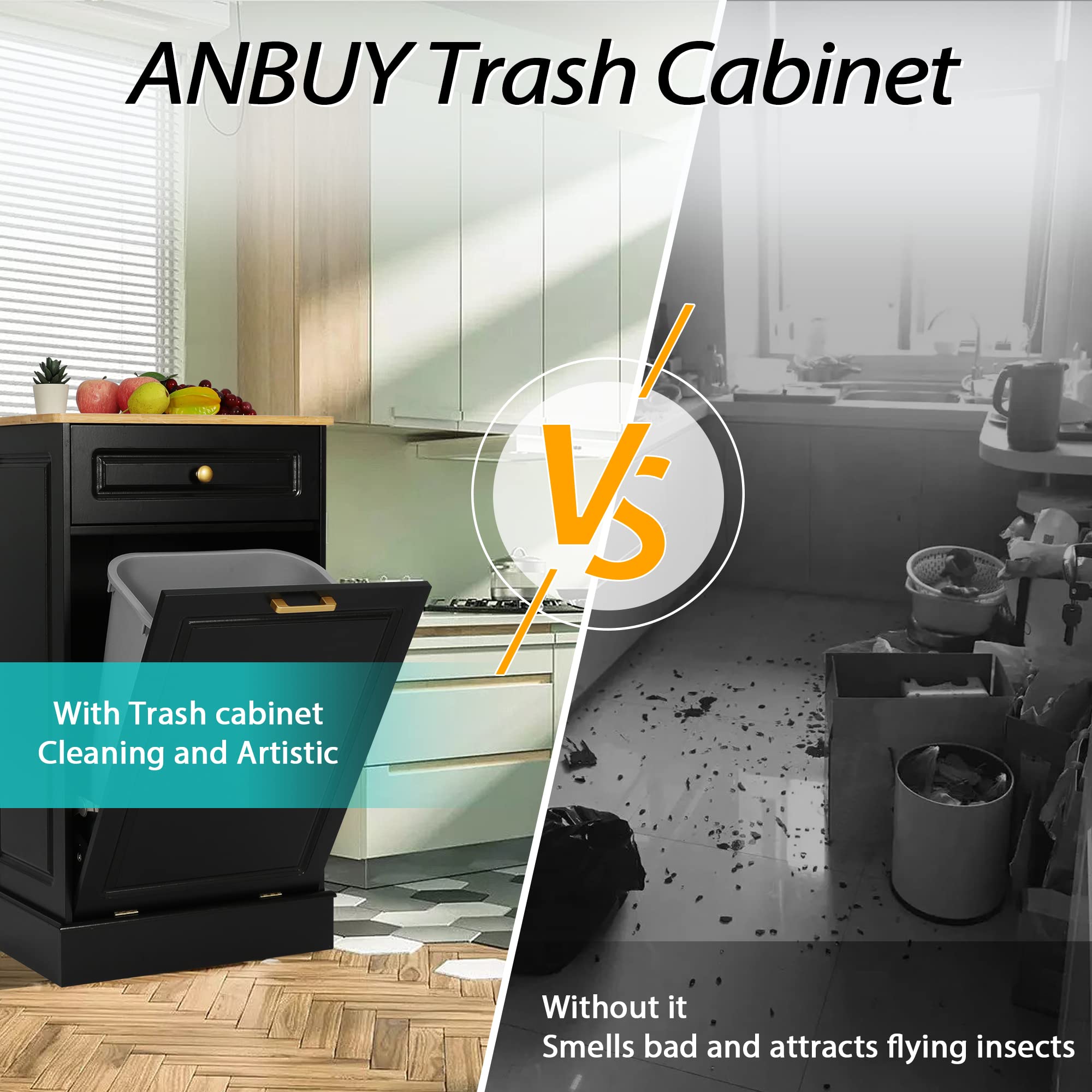 Anbuy Wooden Tilt-Out Trash Cabinet with Hideaway Drawer & Bamboo Cutting Board - Free Standing Kitchen Recycling Bin, Garbage Can Holder - Perfect for Small Spaces, Apartments & Eco-Friendly Homes (Black)