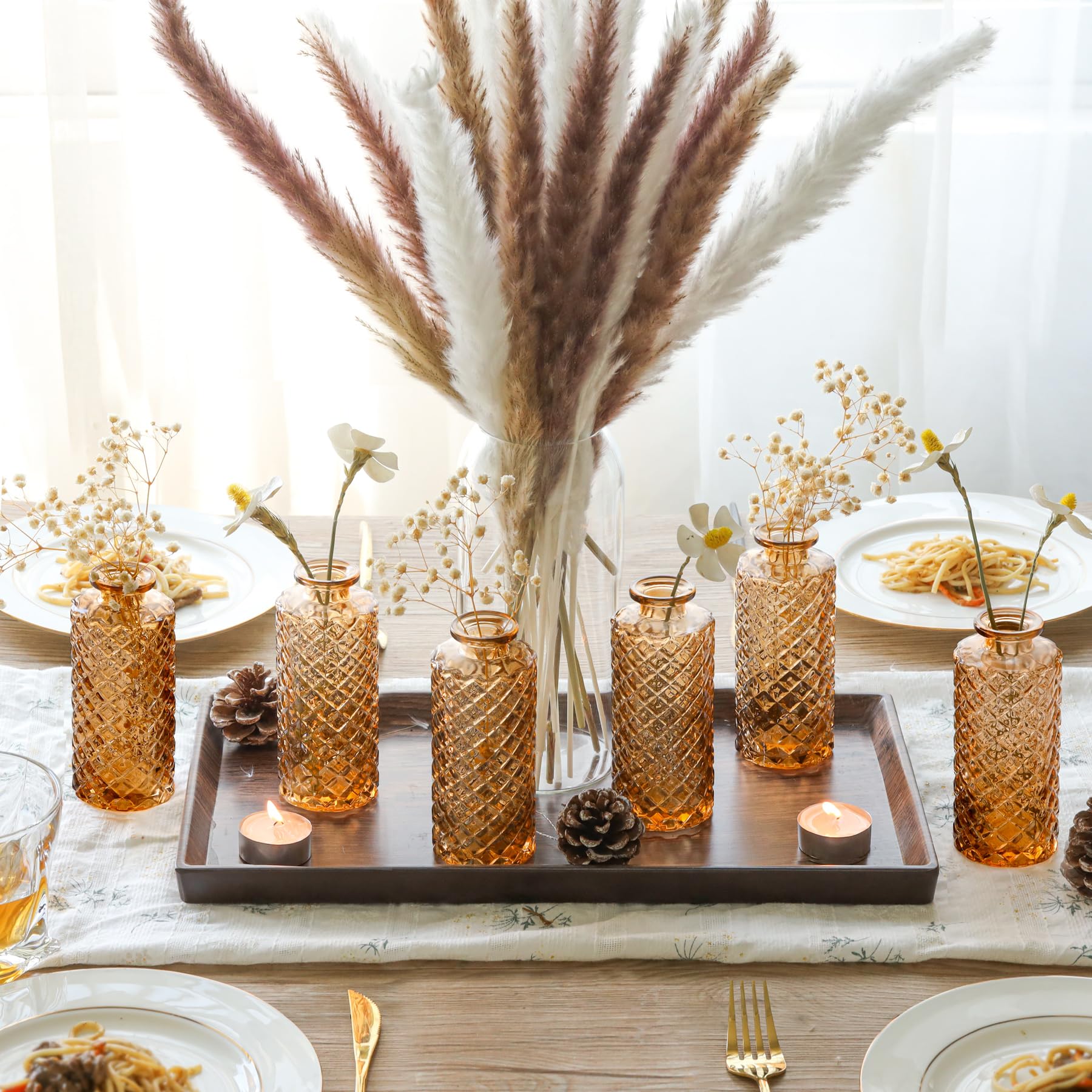 ComSaf Set of 6 Small Diamond Glass Bud Vases - Mini Flower Vases for Wedding Centerpieces, Table Decor, Home Decor, Reception Decor - Perfect for Weddings, Parties, and Home Decoration (Amber)