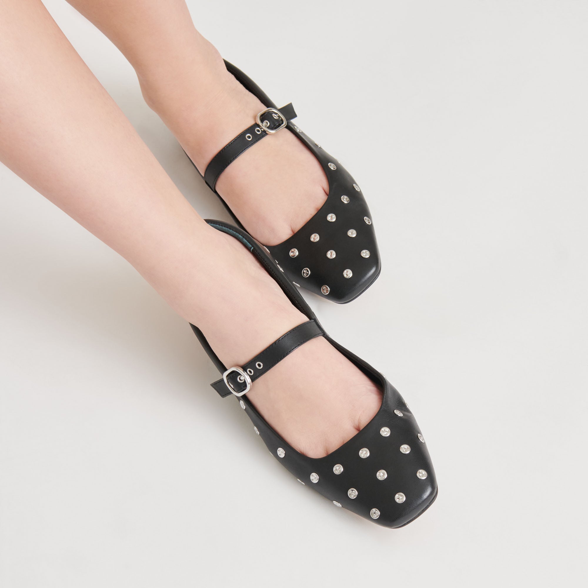 Reyes Stud Ballet Flats for Women - Black Leather Pointed Toe Comfortable Shoes for Work, Party & Casual Wear