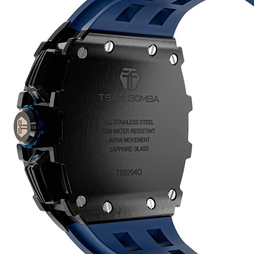 TSAR BOMBA Men's Luxury Chronograph Watch - 50M Waterproof, Luminous, Date Display, Japanese Quartz Movement, Sapphire Crystal, Silicone Strap - Fashion Sport Watch for Men - Perfect for Business, Casual Wear & Outdoor Activities
