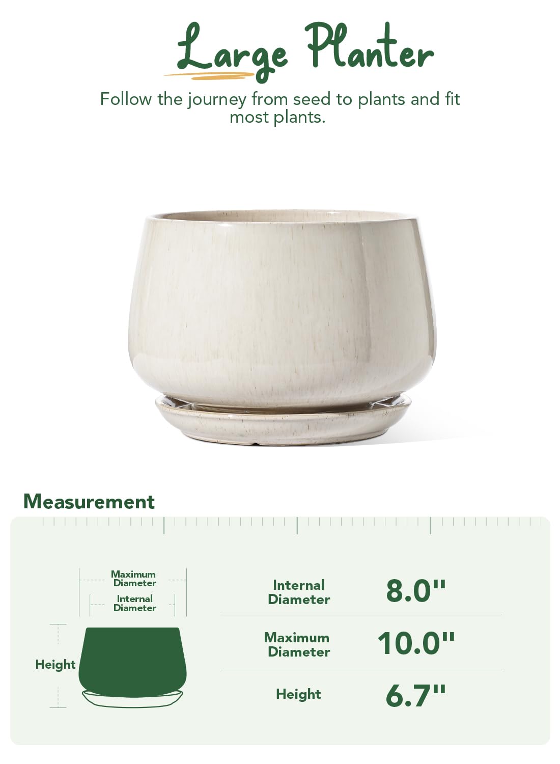 LE TAUCI 10 Inch Ceramic Plant Pot with Drainage Hole & Saucer - Stylish Indoor Flower Planter for Home Decor, Gift for Mom - Reactive Glaze Beige | Perfect for Living Room, Office, Balcony & Housewarming Gifts