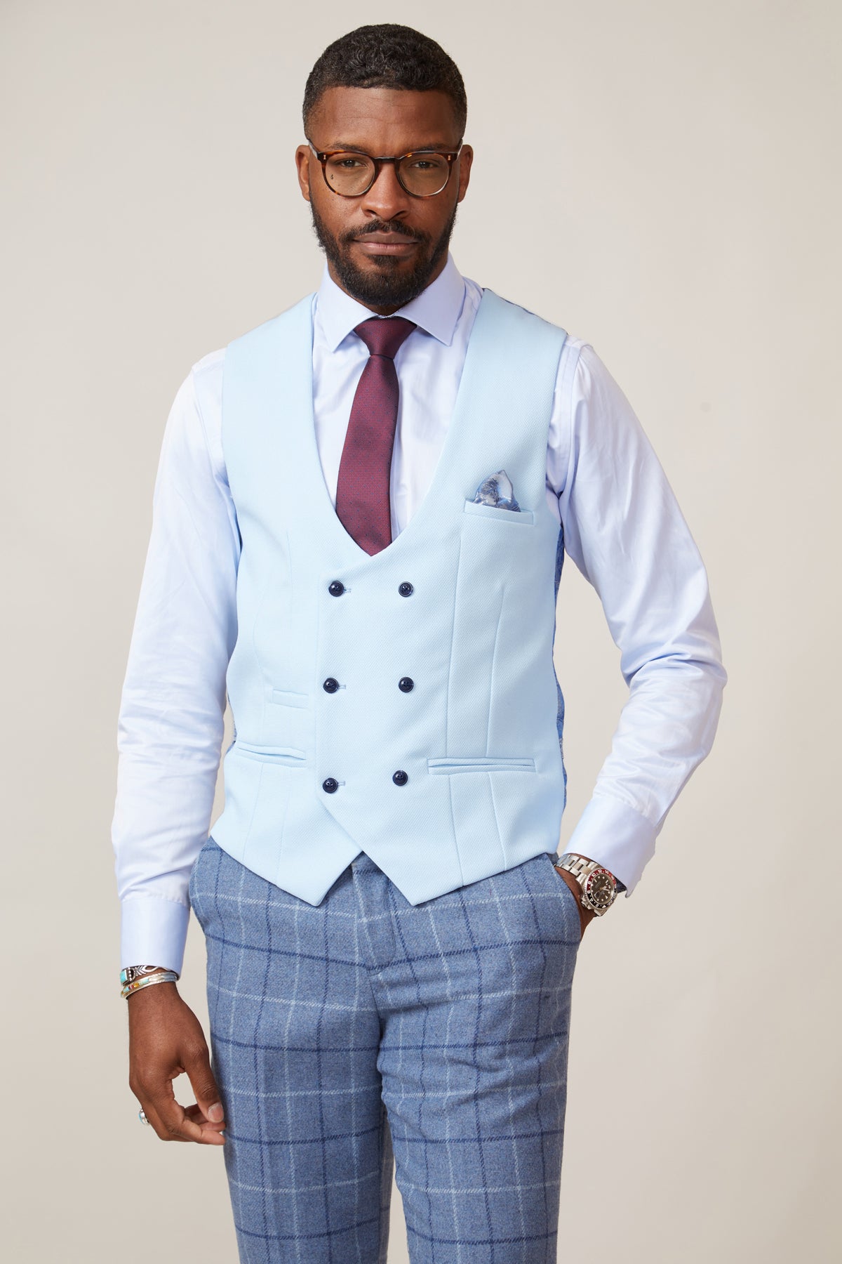 Stylish Sky Blue Double Breasted Waistcoat for Men | KELVIN Formal Vest | Perfect for Weddings, Business Meetings & Office Wear