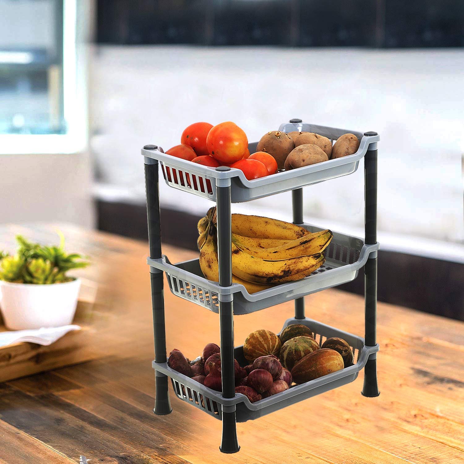 Kuber Industries 3-Tier Plastic Kitchen Storage Rack - Space Saving Organizer for Spices, Utensils & Cookware - Perfect for Small Kitchens & Countertops (Grey)