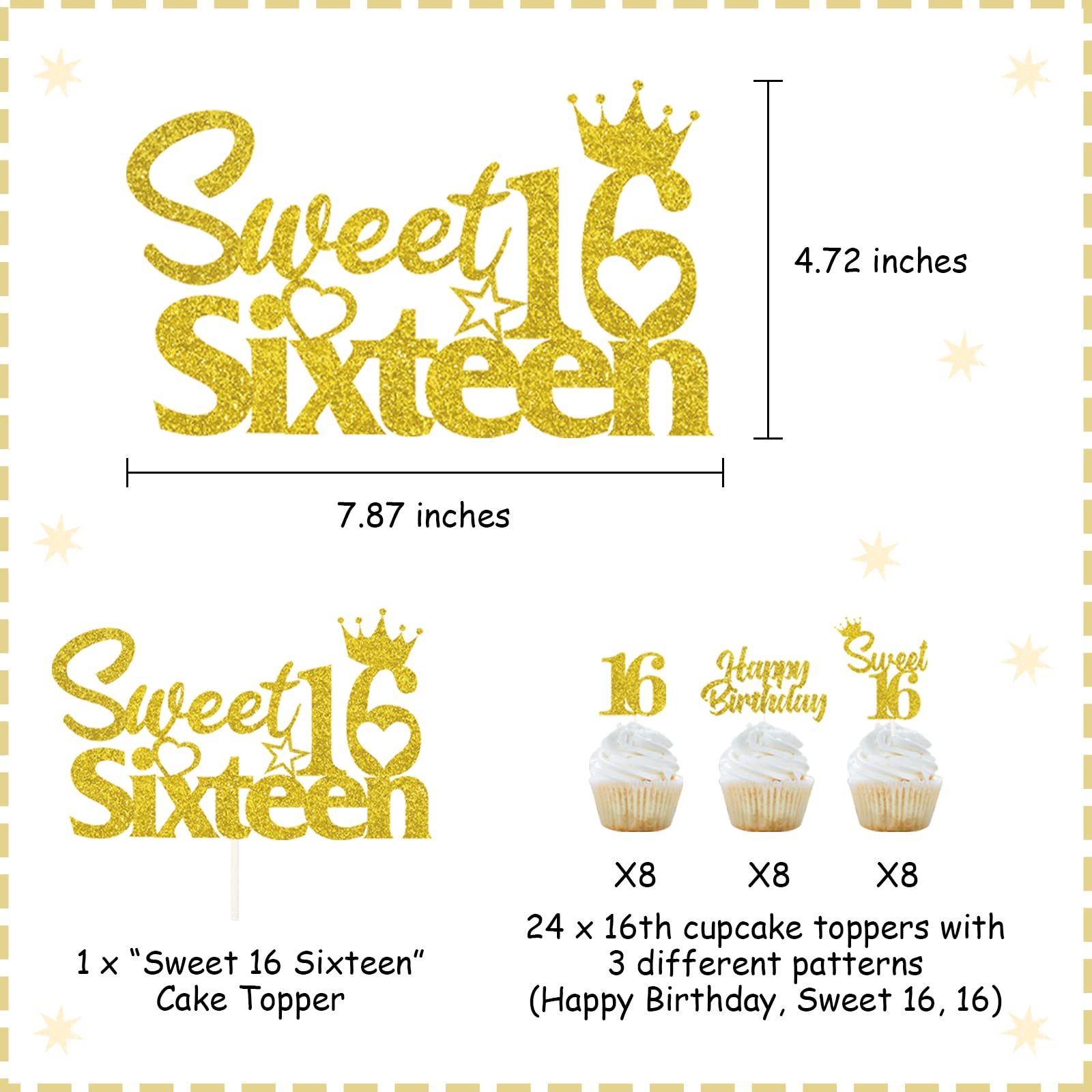 25-Pack Sweet 16 Birthday Cake Decorations Set - Gold Happy 16th Cake Topper & Cupcake Toppers for Boys & Girls - Perfect for Sweet Sixteen Parties, Birthday Celebrations & Milestone Events