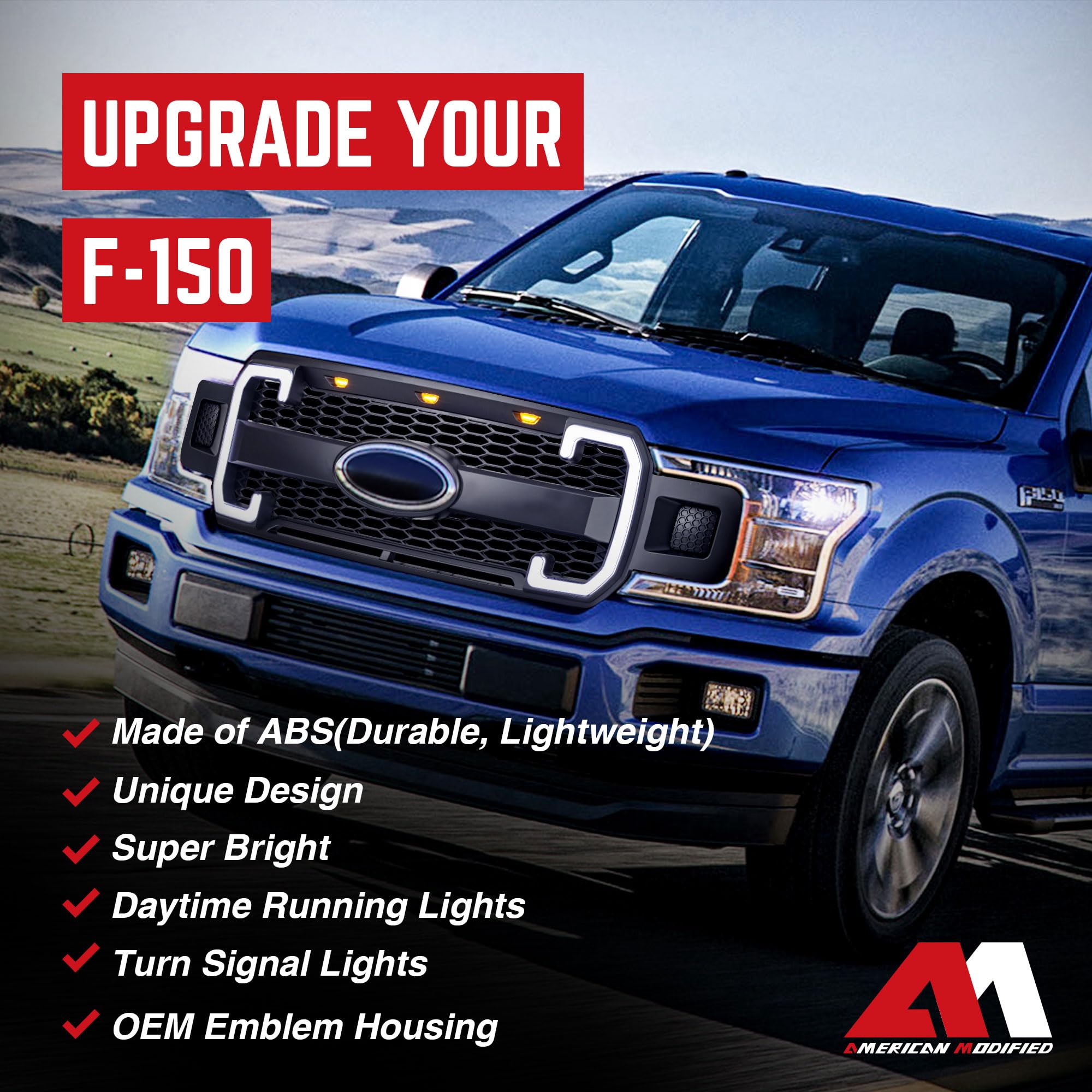 Raptor Style Mesh Front Grille with DRL & Turn Signals for Ford F150 (2018-2020) | Matte Black | Emblem Base | Off-Road & Street Style Upgrade