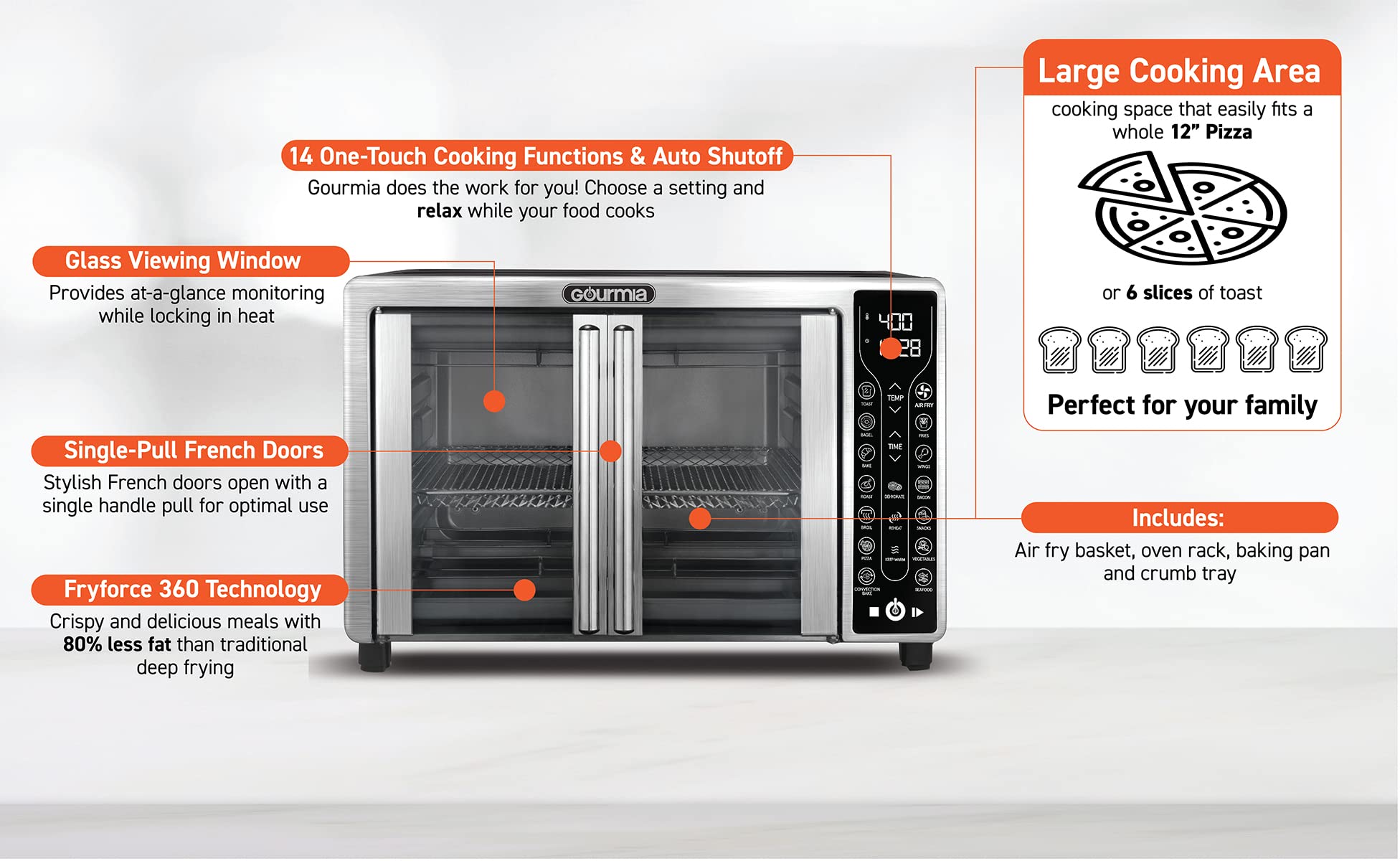 Gourmia GTF7655 17-in-1 Digital Air Fryer Oven with French Door - 6-Slice Capacity, Stainless Steel - Perfect for Baking, Roasting & Air Frying - Ideal for Family Meals & Healthy Cooking