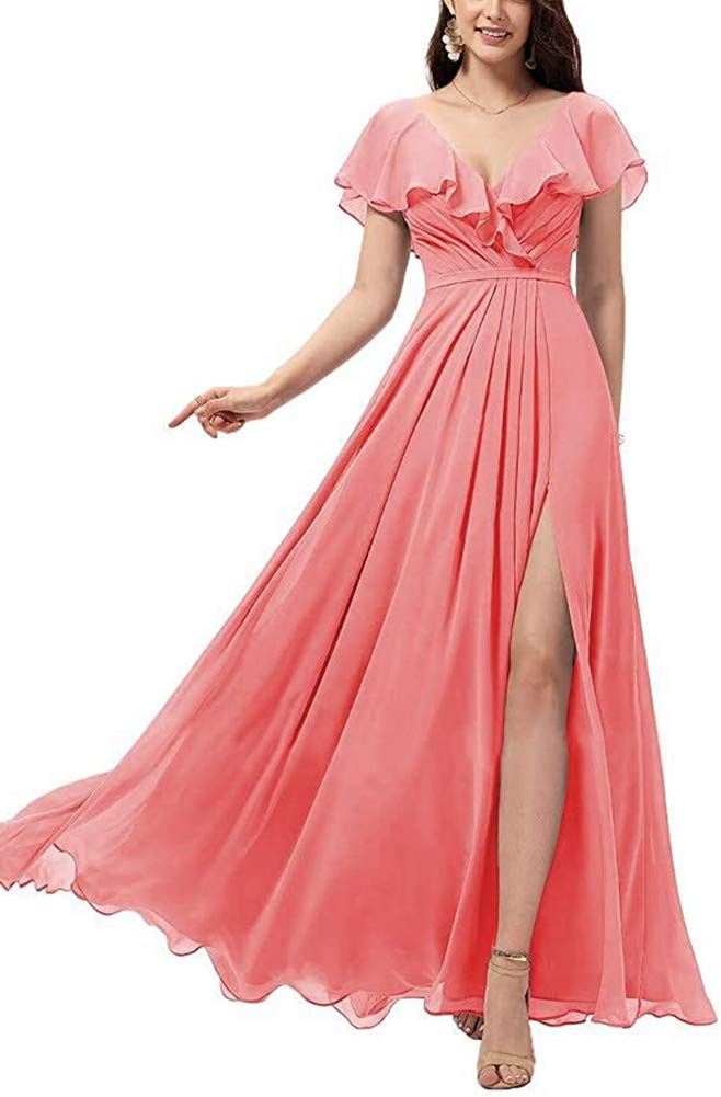 Elegant Ruffle Bridesmaid Dresses with Side Split - Flowy Wedding Party Gowns for Women - Perfect for Bridal Showers, Receptions & Formal Events