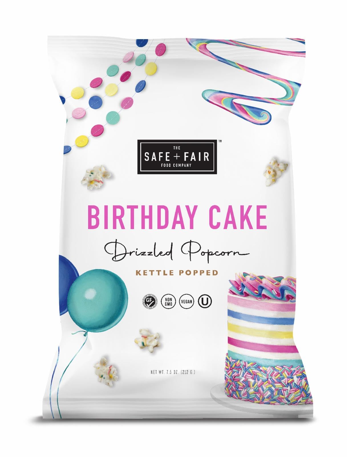 Safe + Fair Birthday Cake Drizzled Popcorn - Gluten-Free, Dairy-Free Vegan Snack - Non-GMO, Plant-Based Kettle Popped Corn (5.5 oz) - Free From Top 9 Allergens & Artificial Ingredients - Perfect for Birthday Parties, Movie Nights & Healthy Snacking