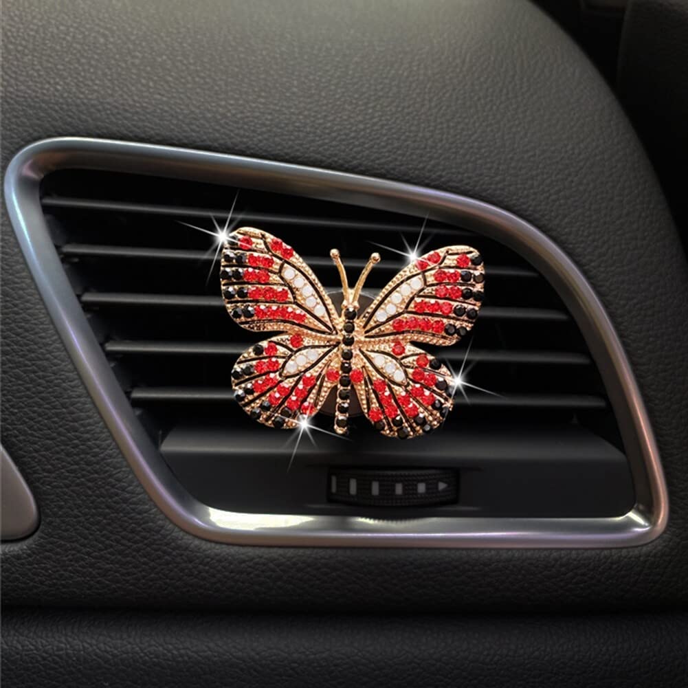 Sparkling Rhinestone Butterfly Car Air Vent Clip - Elegant Bling Car Accessories for Women & Girls | Car Air Freshener & Aroma Diffuser | Perfect for Sedan, SUV, Truck Interior Decoration (Red)