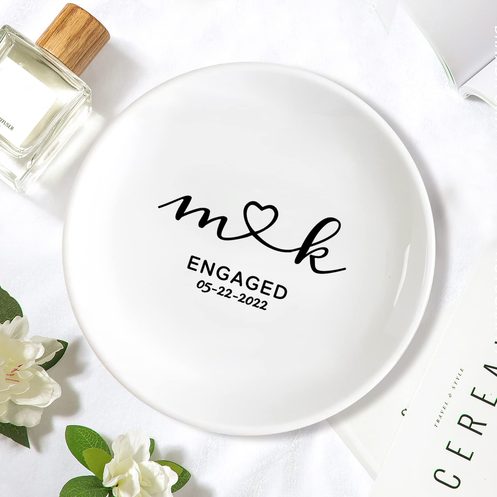 Personalized Wedding Ring Dish - Custom Engraved Ceramic Jewelry Tray with Name & Date - Elegant Ring Holder Box & Trinket Tray - Perfect Engagement Gift for Bride, Bridesmaids & Women (Great for Wedding, Anniversary & Proposal Scenes)