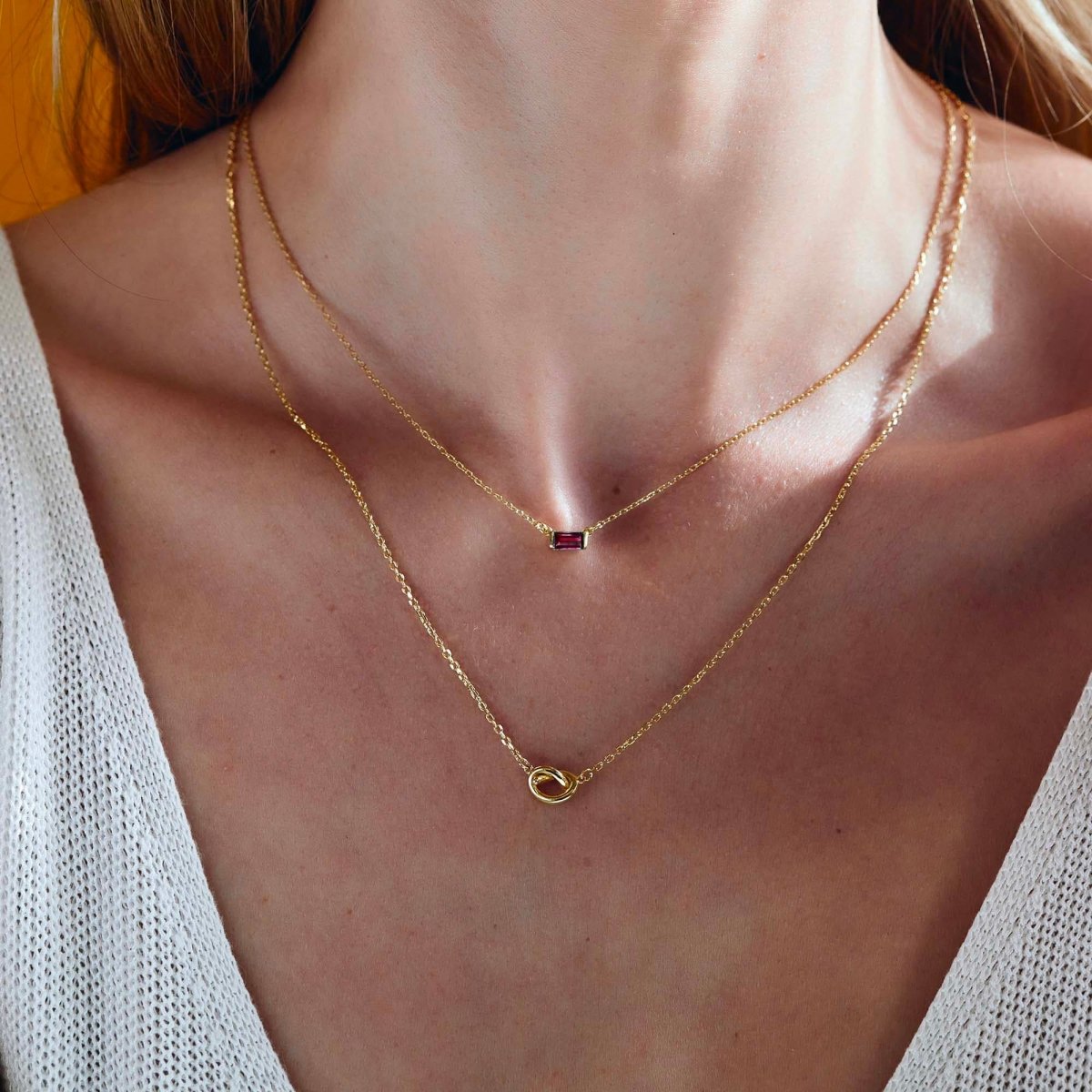 Baguette Gemstone Loveknot Layered Necklace with Ruby - Elegant Layered Jewelry for Women, Perfect for Valentine's Day Gifts & Date Nights