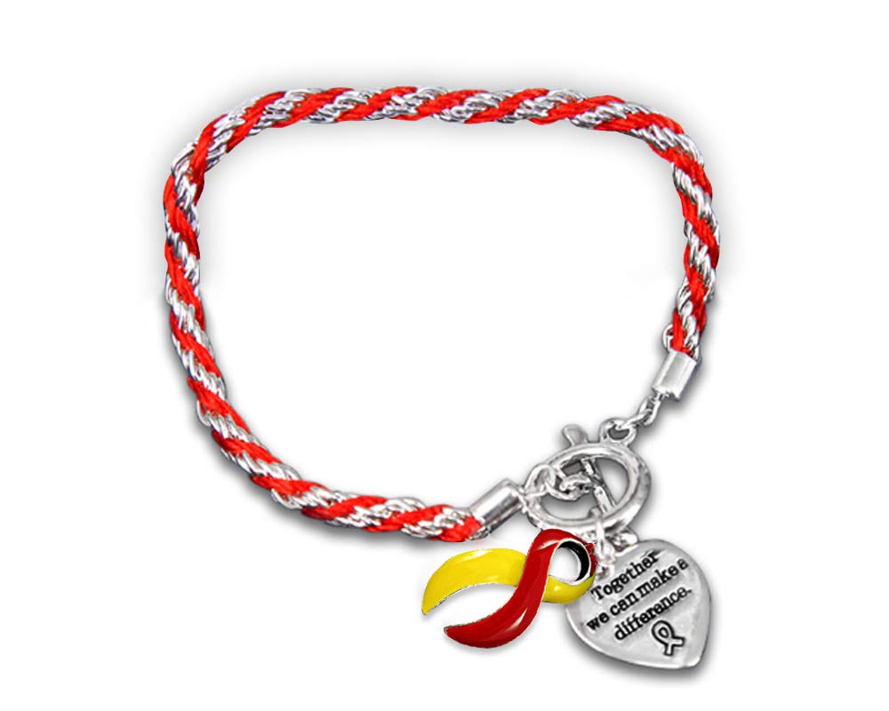 Bulk Red & Yellow Awareness Ribbon Rope Charm Bracelets - Fundraising, Support Causes & Thoughtful Gifts for Cancer Awareness, Charity Events & Everyday Wear