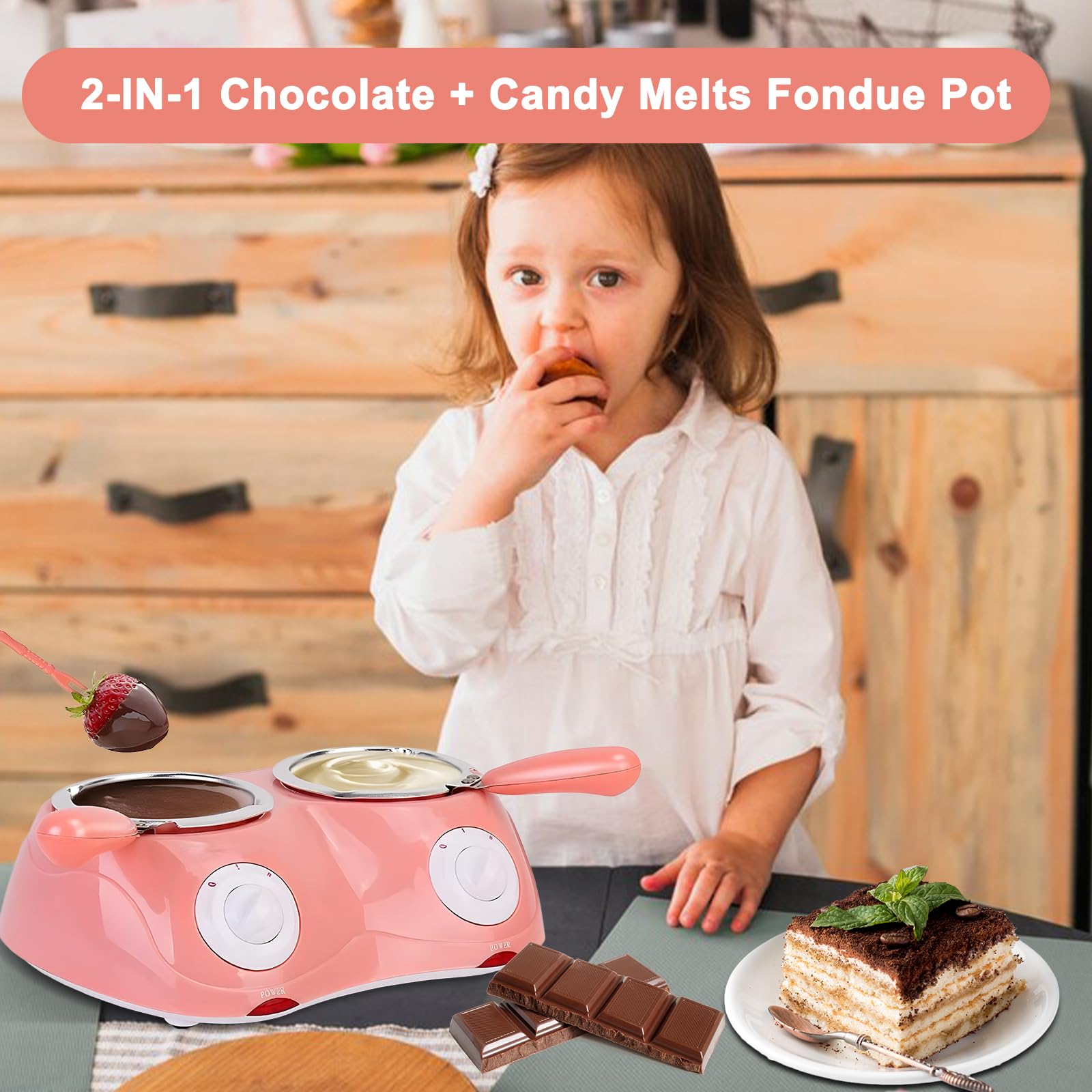 Electric Chocolate Fondue Maker with Double Melting Pot - 2 Adjustable Temperature Mini Fondue Set for Milk Chocolate, Cheese, Butter & Candy - Perfect for Parties, Desserts & DIY Treats