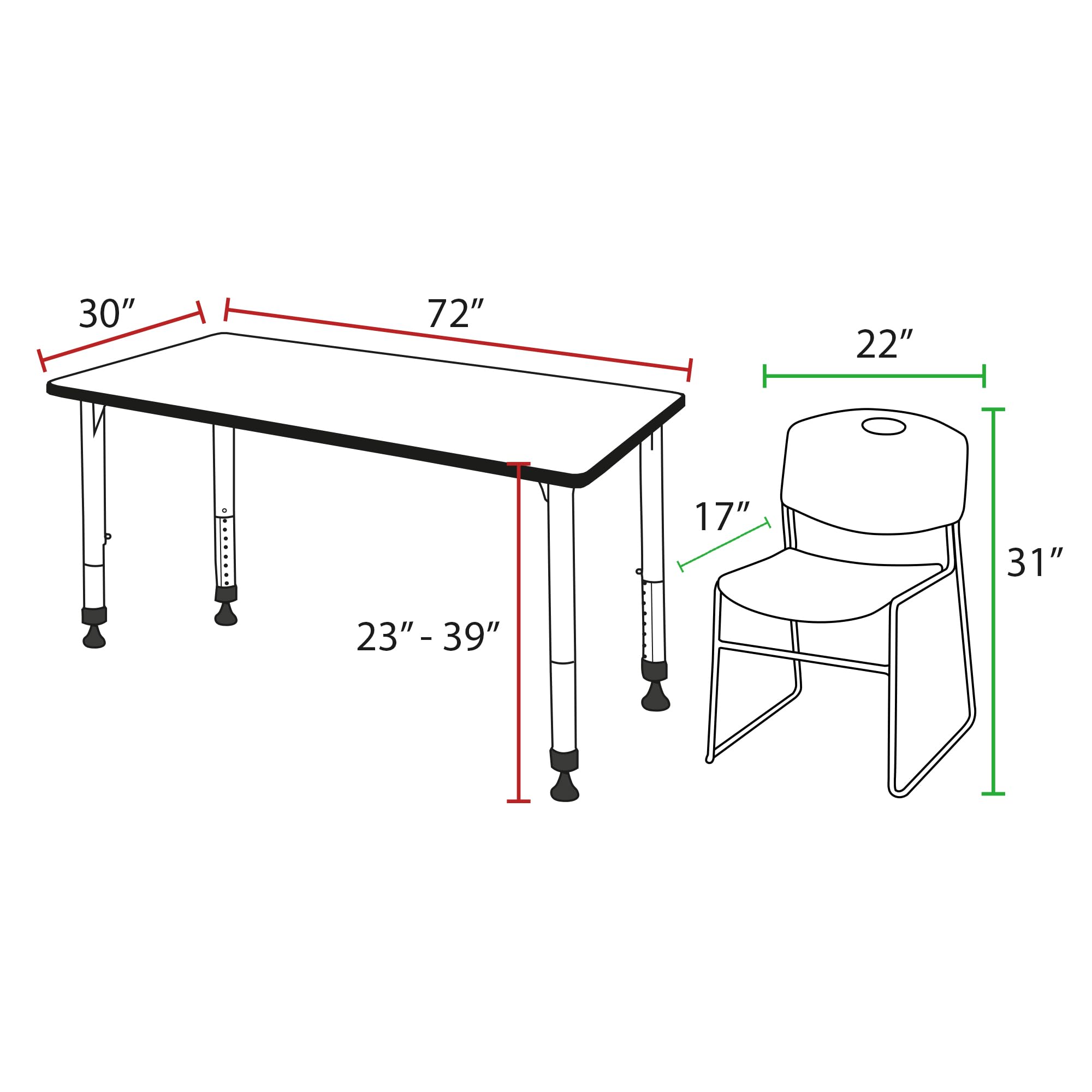 Regency Kee Adjustable Height Classroom Table Set with 2 Zeng Chairs - 72