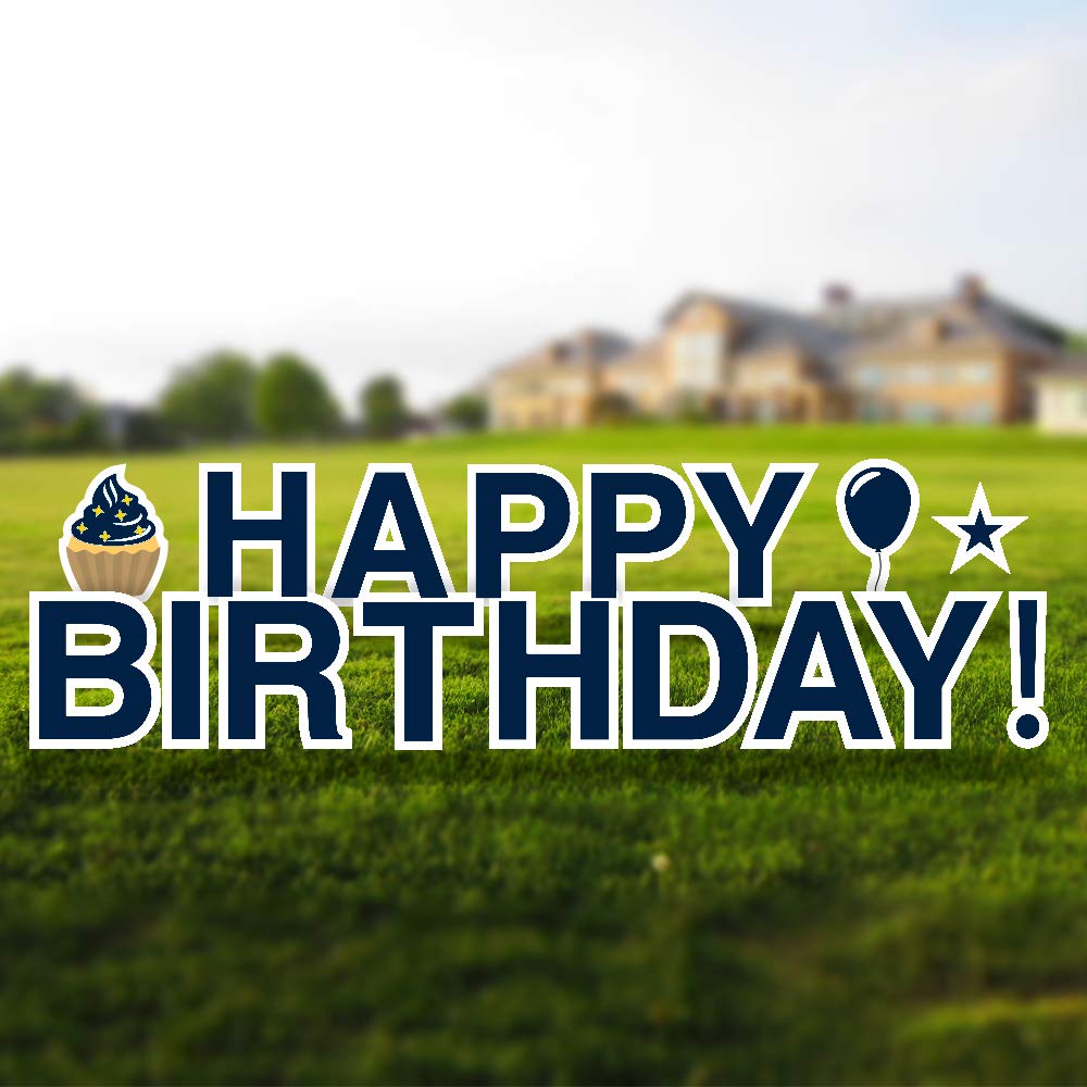 Happy Birthday Yard Signs with Stakes - 18in Tall Letters, Bonus Star Cupcake Balloon Decor - Weatherproof Outdoor Party Signs with Steel Stakes (Navy Blue) - Perfect for Birthday Lawn Decorations & Outdoor Celebrations