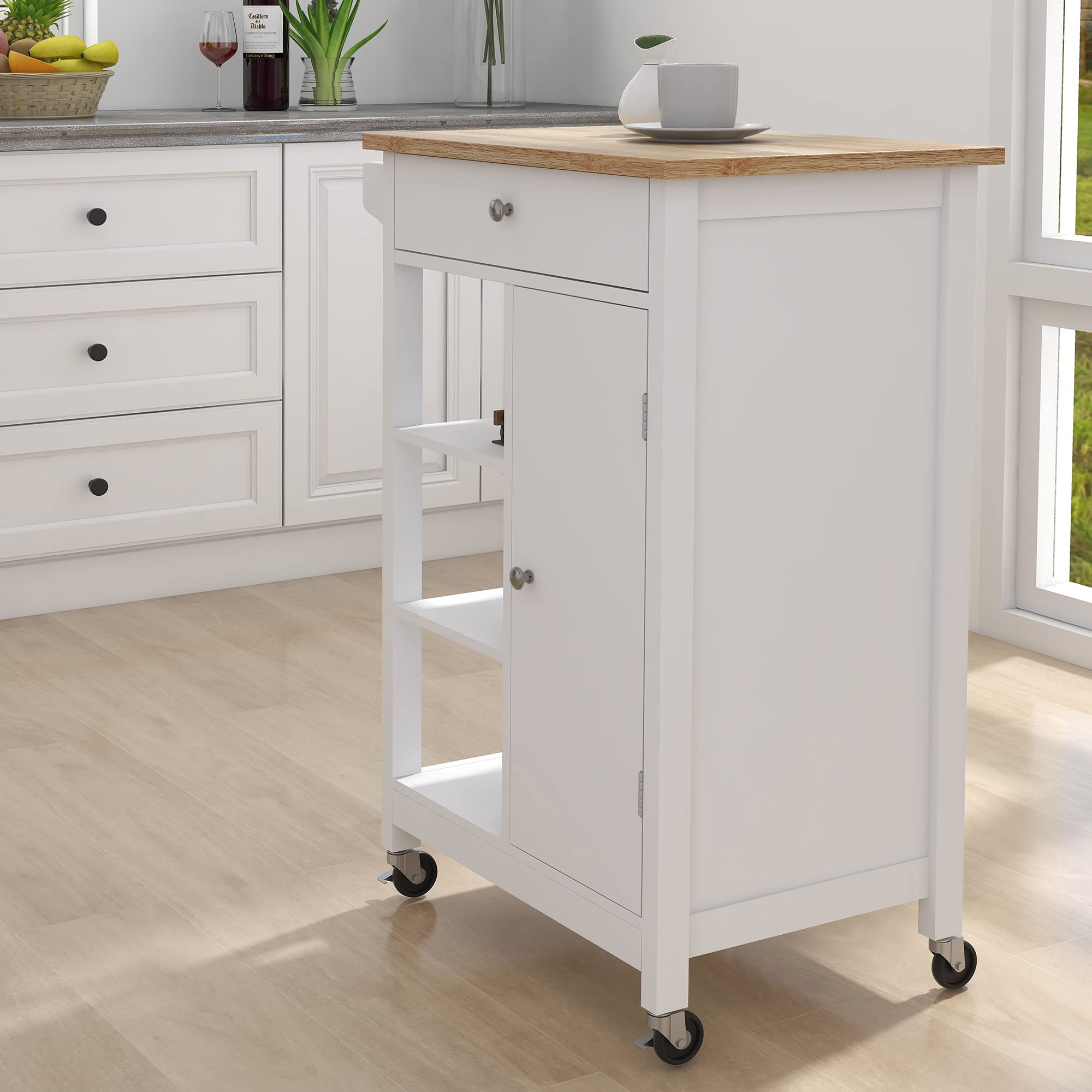 Mobile Kitchen Island Cart with Solid Wood Top - White Rolling Storage Cabinet with Single Door, Drawer & 2 Open Shelves, Towel Rack - 25.98