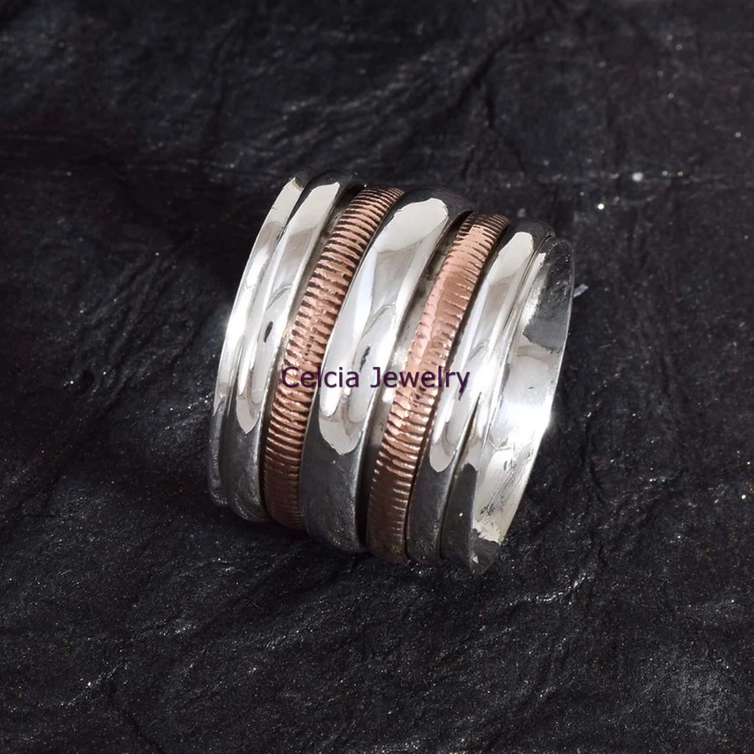 925 Sterling Silver Meditation Spinner Ring for Anxiety Relief - Unisex Handmade Worry Ring with Two-Tone Spinning Design (Size 7) - Perfect for Stress Management, Mindfulness Practice & Daily Wear