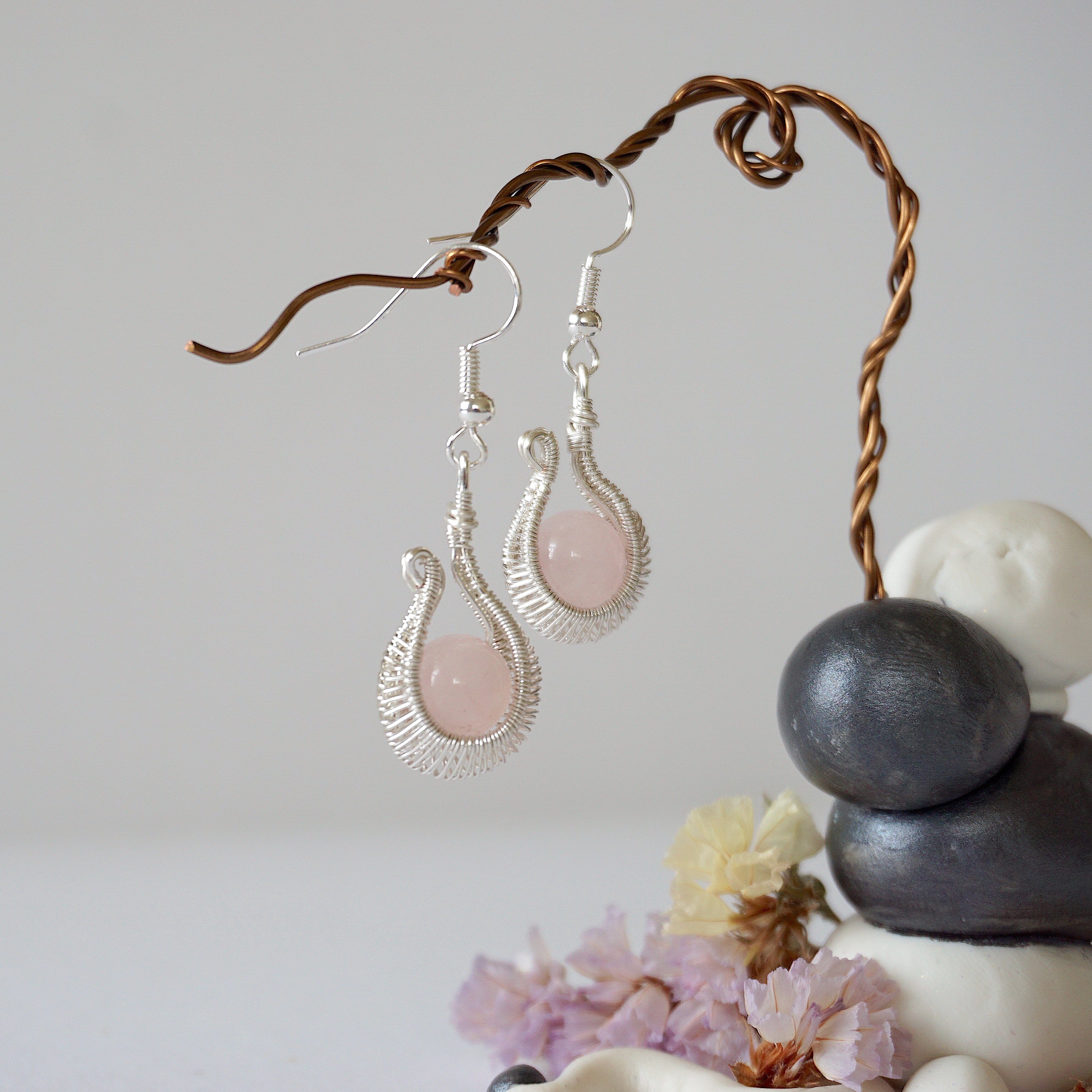 Rose Quartz Hoop Earrings - Silver Plated Cradle Design for Women | Healing Crystal Jewelry for Everyday Wear & Spiritual Wellness