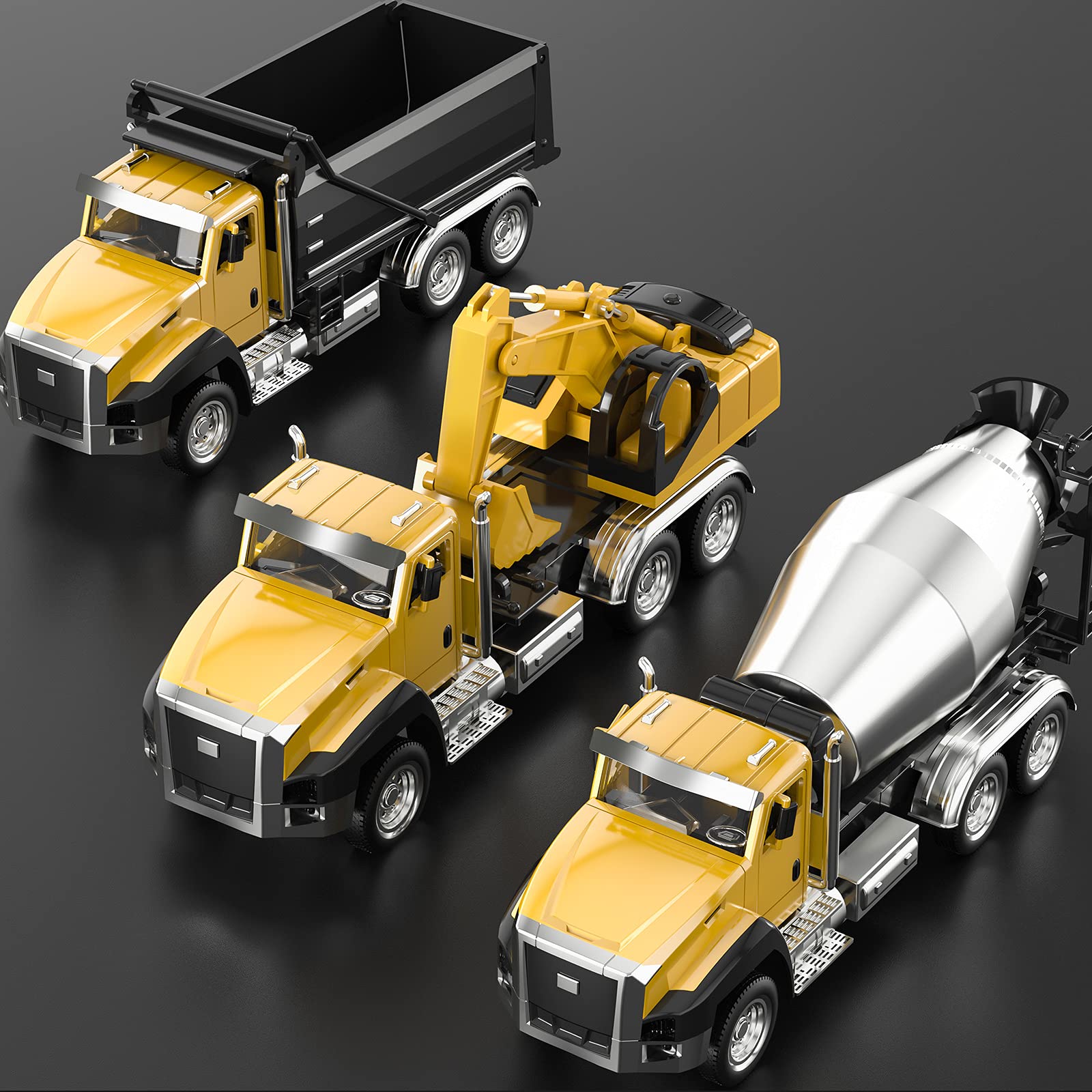 TEMI 3-Pack 1/50 Scale Diecast Construction Vehicle Set - Dump Truck, Excavator & Cement Mixer | Metal Collectible Model Cars with Pull-Back Action & Opening Doors | Perfect for Kids Play, Construction Enthusiasts & Collectors