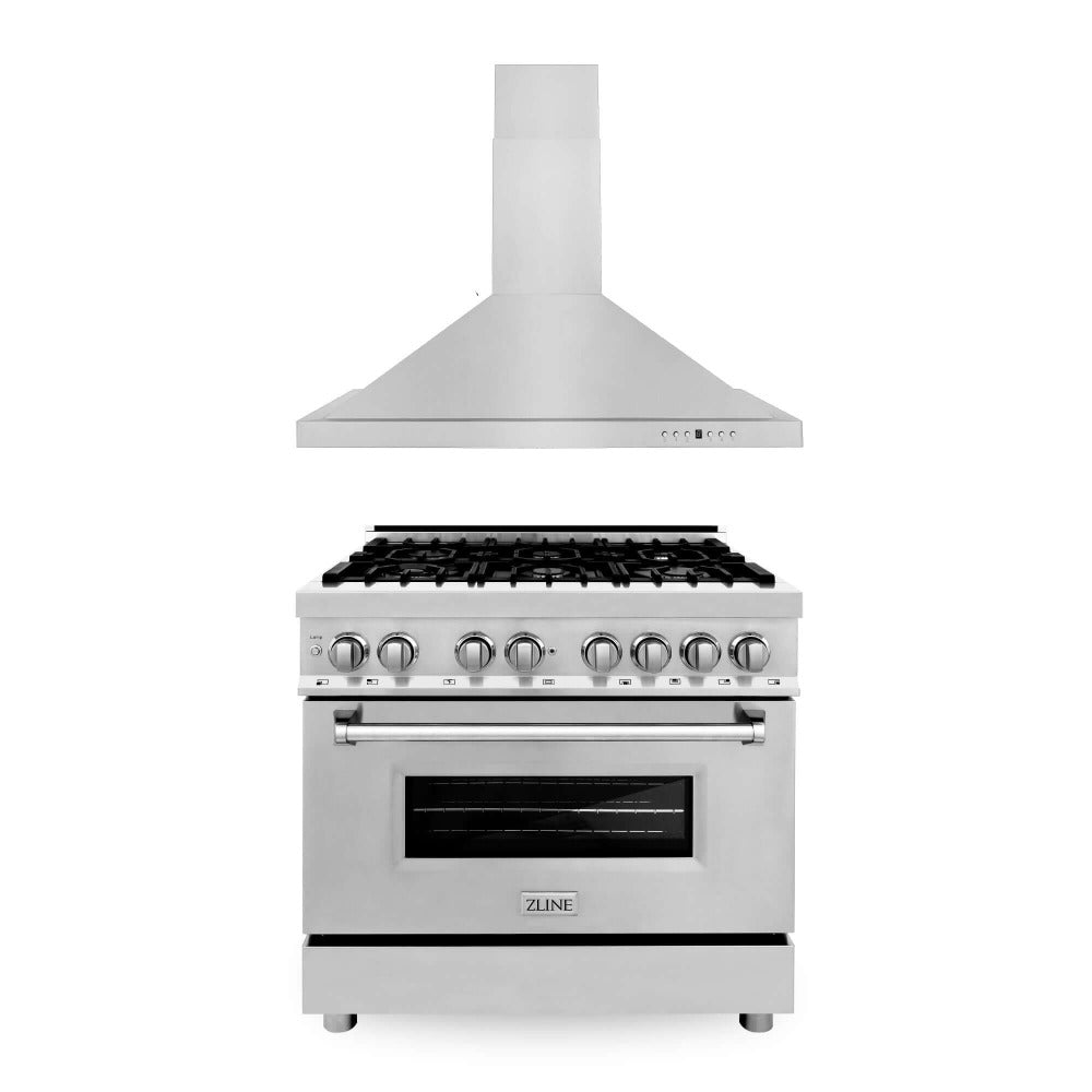 ZLINE 36 Inch Professional Kitchen Package - Stainless Steel Dual Fuel Range & Convertible Vent Hood (2KP RARH36) | Perfect for Home Chefs & Modern Kitchens