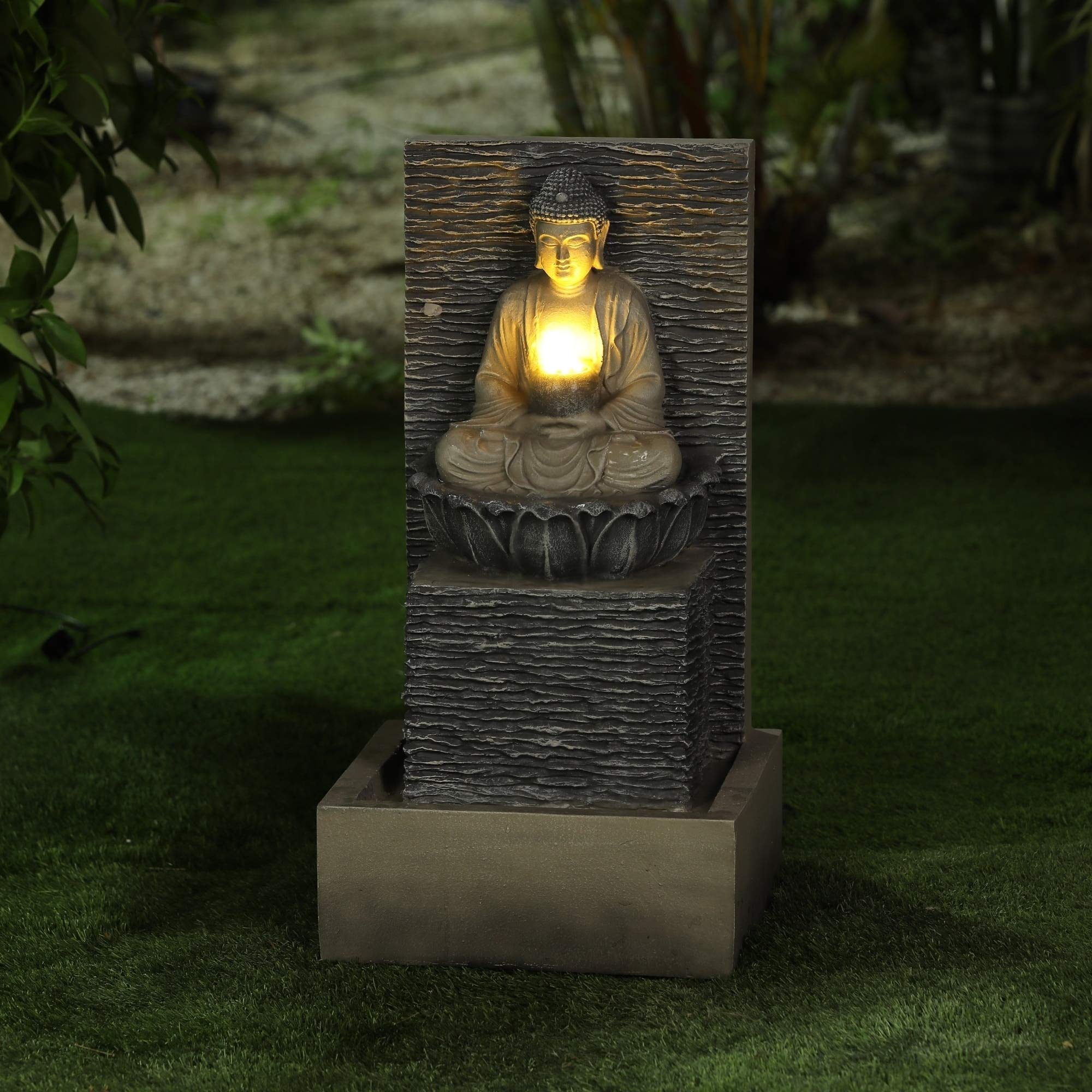 Grey Oriental Polyresin Meditating Buddha on Pedestal Patio Fountain with LED Lights - Zen Garden Decor, Outdoor Water Feature for Relaxation & Meditation Spaces