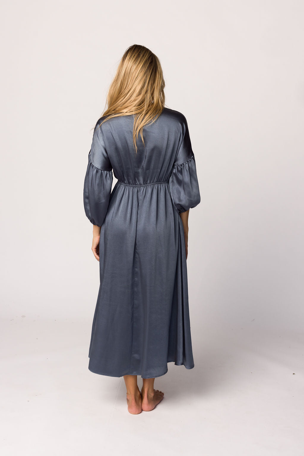 Hunter Premium Satin Midi Dress in Blue Granite - Bump Friendly Maternity Dress for Women | Elegant & Comfortable for Pregnancy, Baby Showers, Weddings & Special Occasions