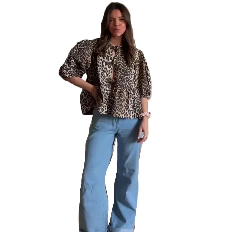 Duomofu Leopard Print Bow Tie Blouse for Women - Loose Fit Y2K Puff Sleeve Pleated Cropped Top | Summer Streetwear Fashion | Perfect for Casual Outings, Parties & Instagram Photos