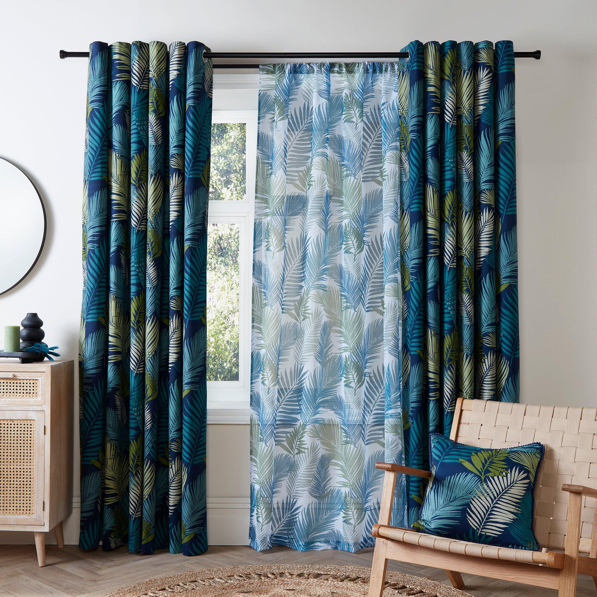 Fusion Tropical Voile Panel Curtain - Teal Blue Sheer Window Drape for Living Room, Bedroom & Patio Decor