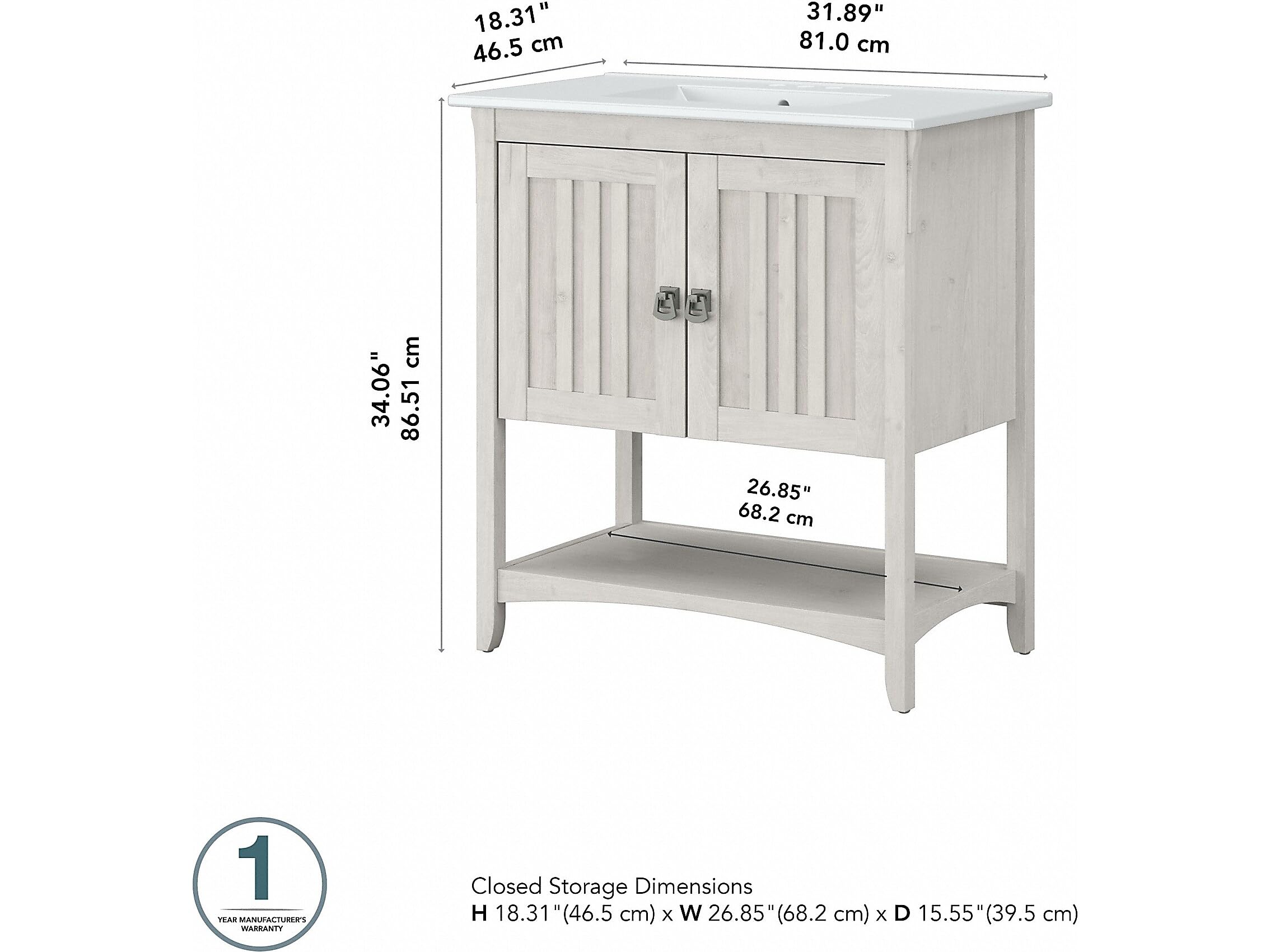 Bush Furniture Salinas 32-Inch White Oak Bathroom Vanity with Sink - Modern Linen Finish for Small Bathrooms & Powder Rooms | Perfect for Home Renovation & Space-Saving Storage